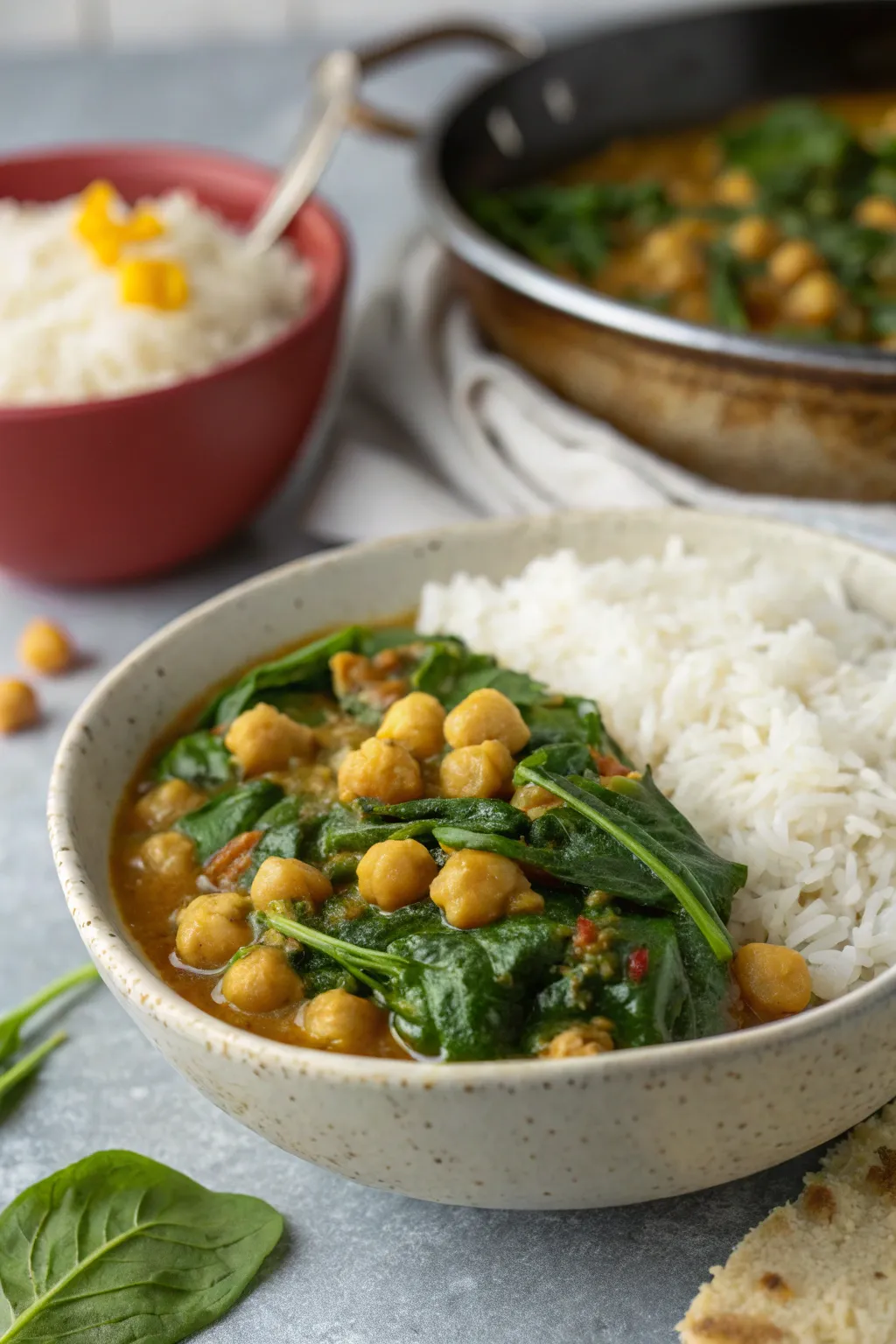 Hearty and aromatic chickpea and spinach curry.