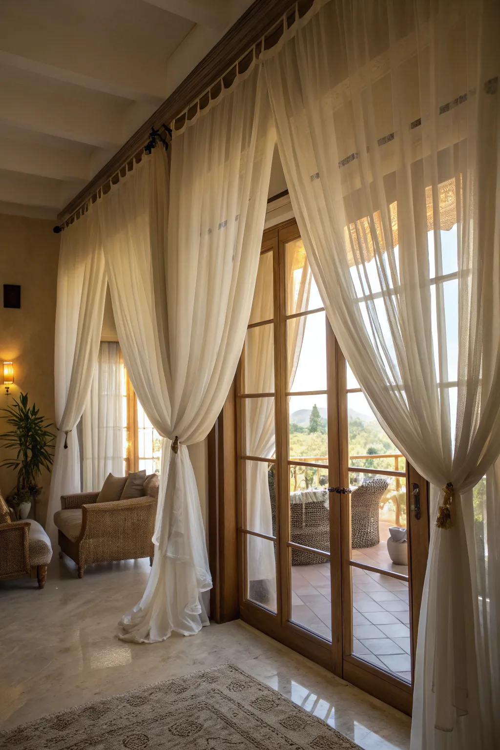 Sheer fabrics soften ambiance and maintain openness.