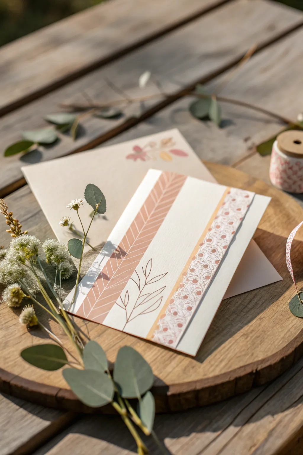 Embrace nature's elegance with this washi tape card adorned with pressed flowers and leaves.