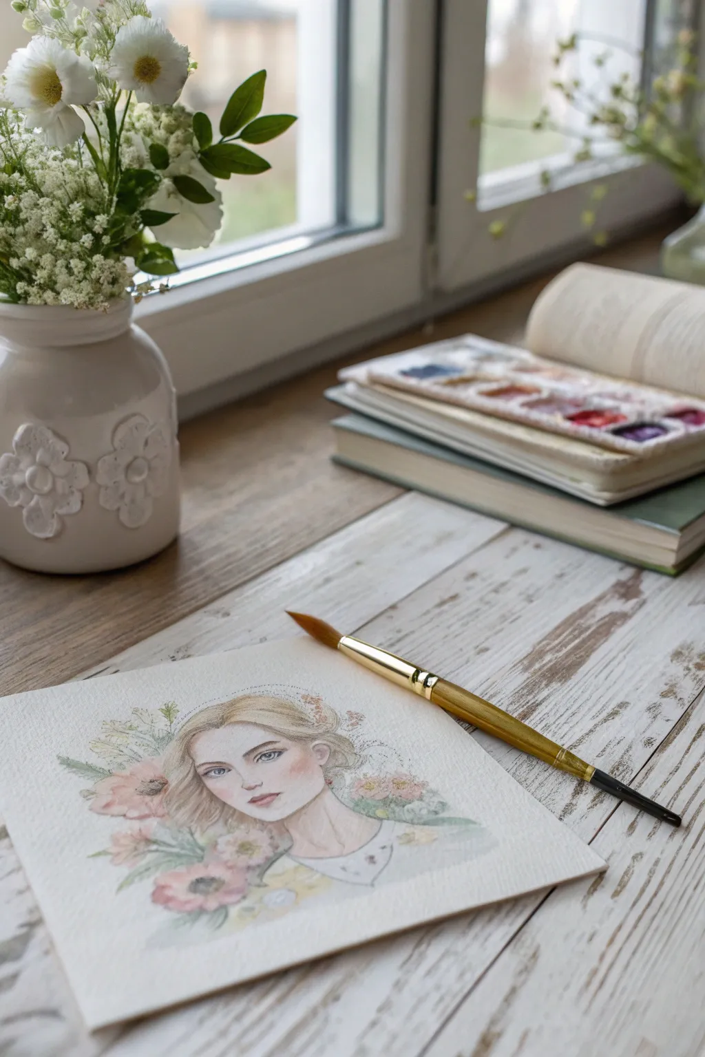 Elegant expressions: Explore the art of watercolor portraits in a minimalist setting.