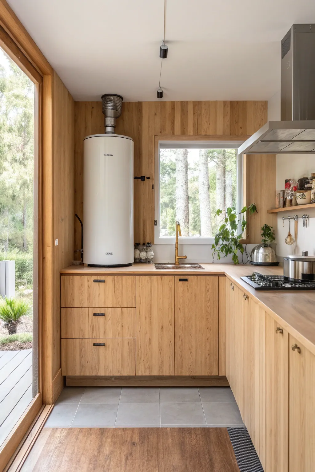 Cabinet doors blend seamlessly with your kitchen design, hiding your water heater effortlessly.