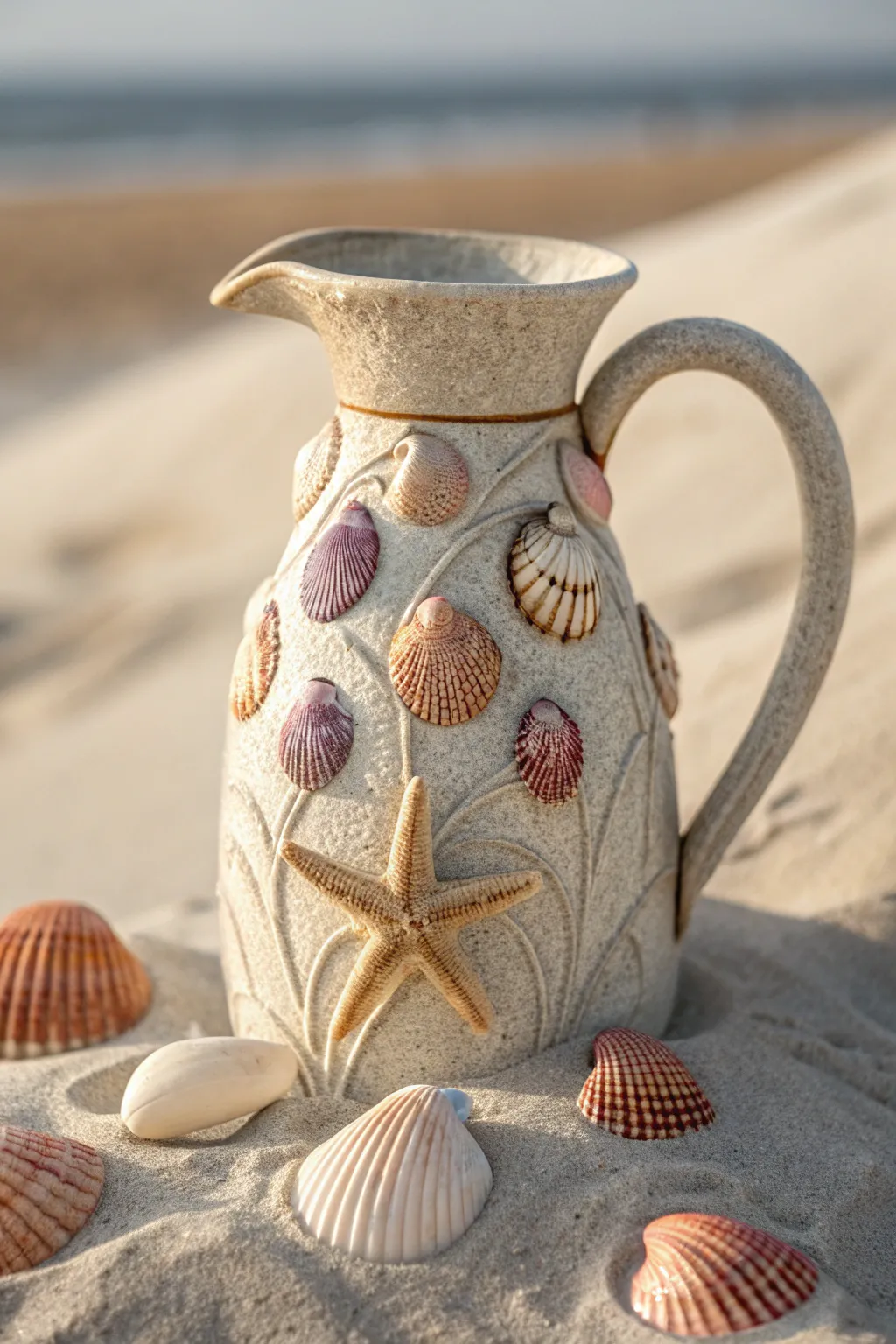 Transform your space with a coastal touch—elevate your decor with a seashell-adorned jug.