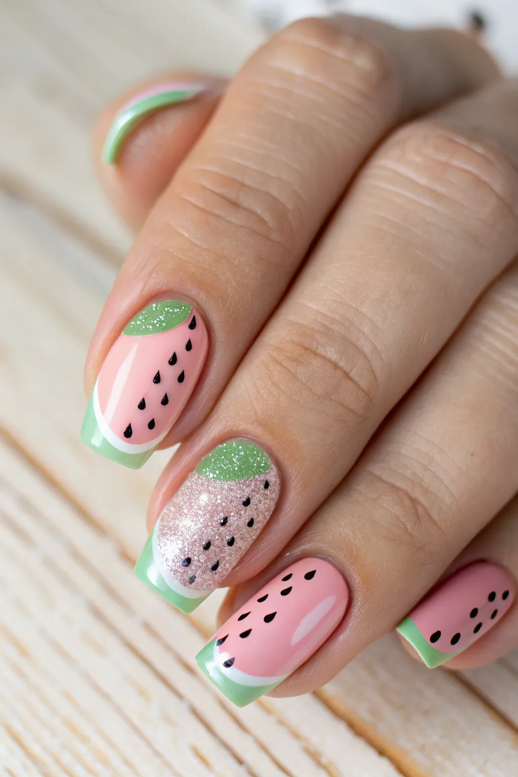 Sparkle and shine with watermelon-inspired nails that capture the essence of a starry summer night.