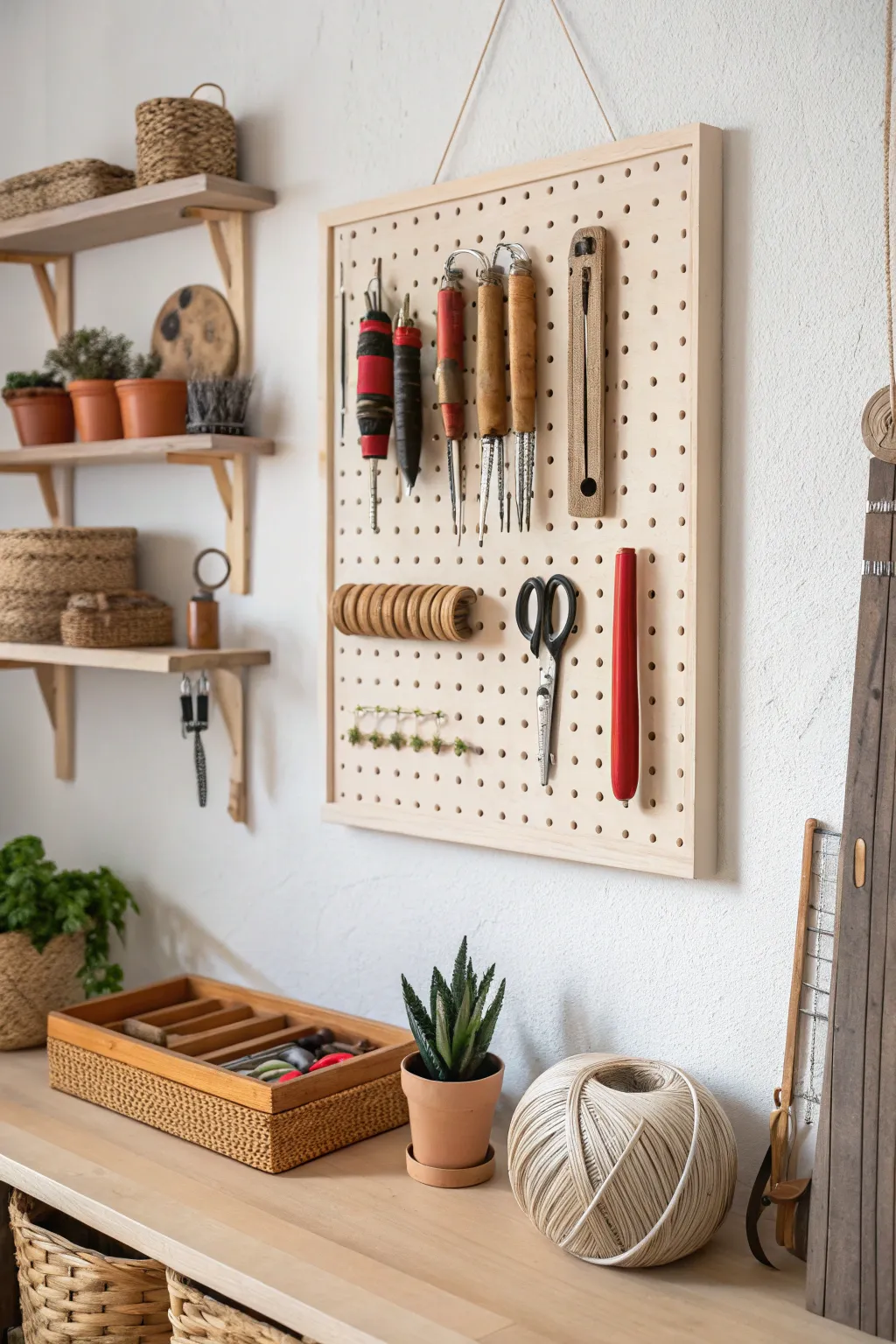 Transform your weaving tools into a masterpiece of decor with a chic pegboard display. #CreativeCrafts #ScandinavianBoho