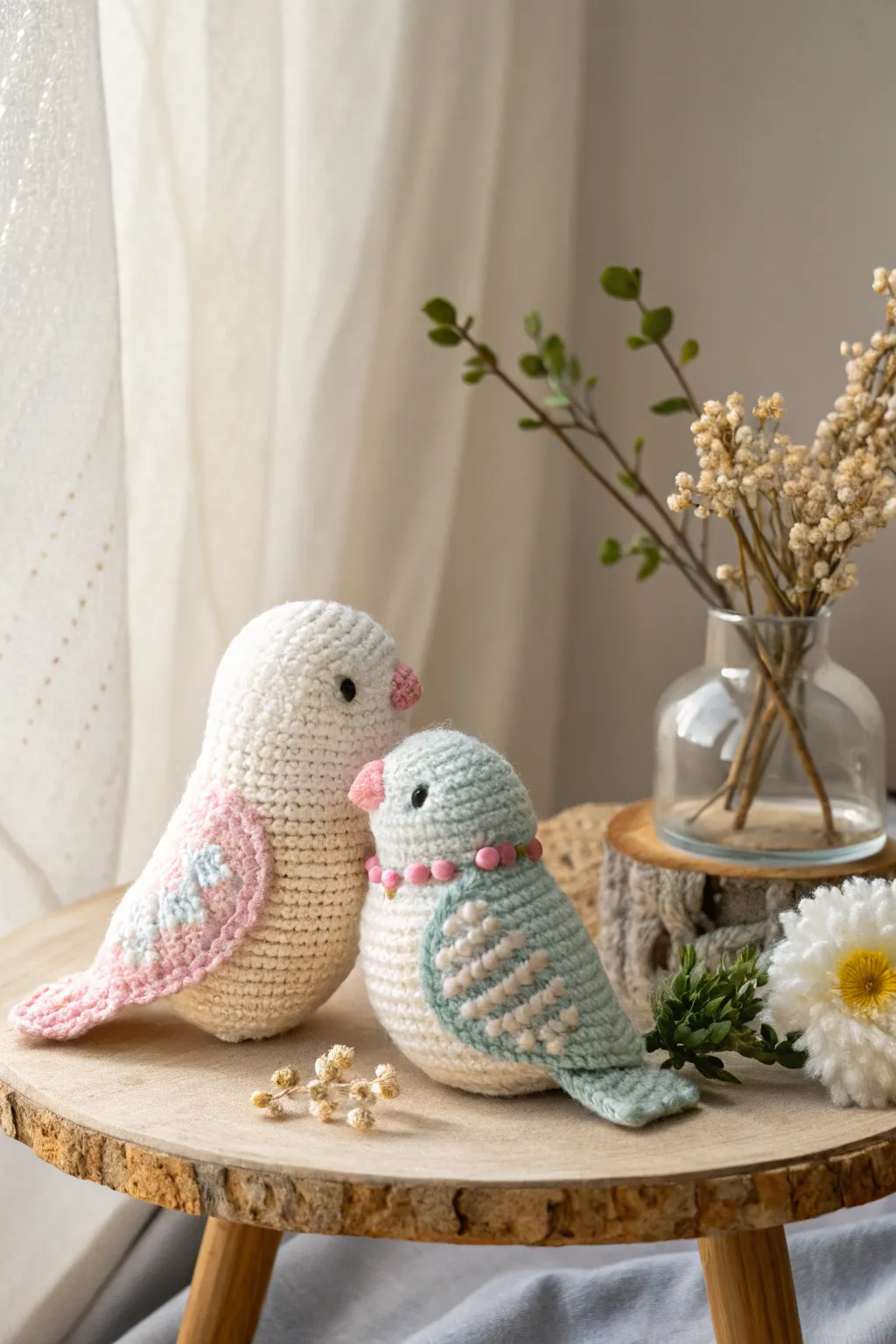 Charming handcrafted lovebirds to add a touch of whimsy and warmth to your wedding decor.