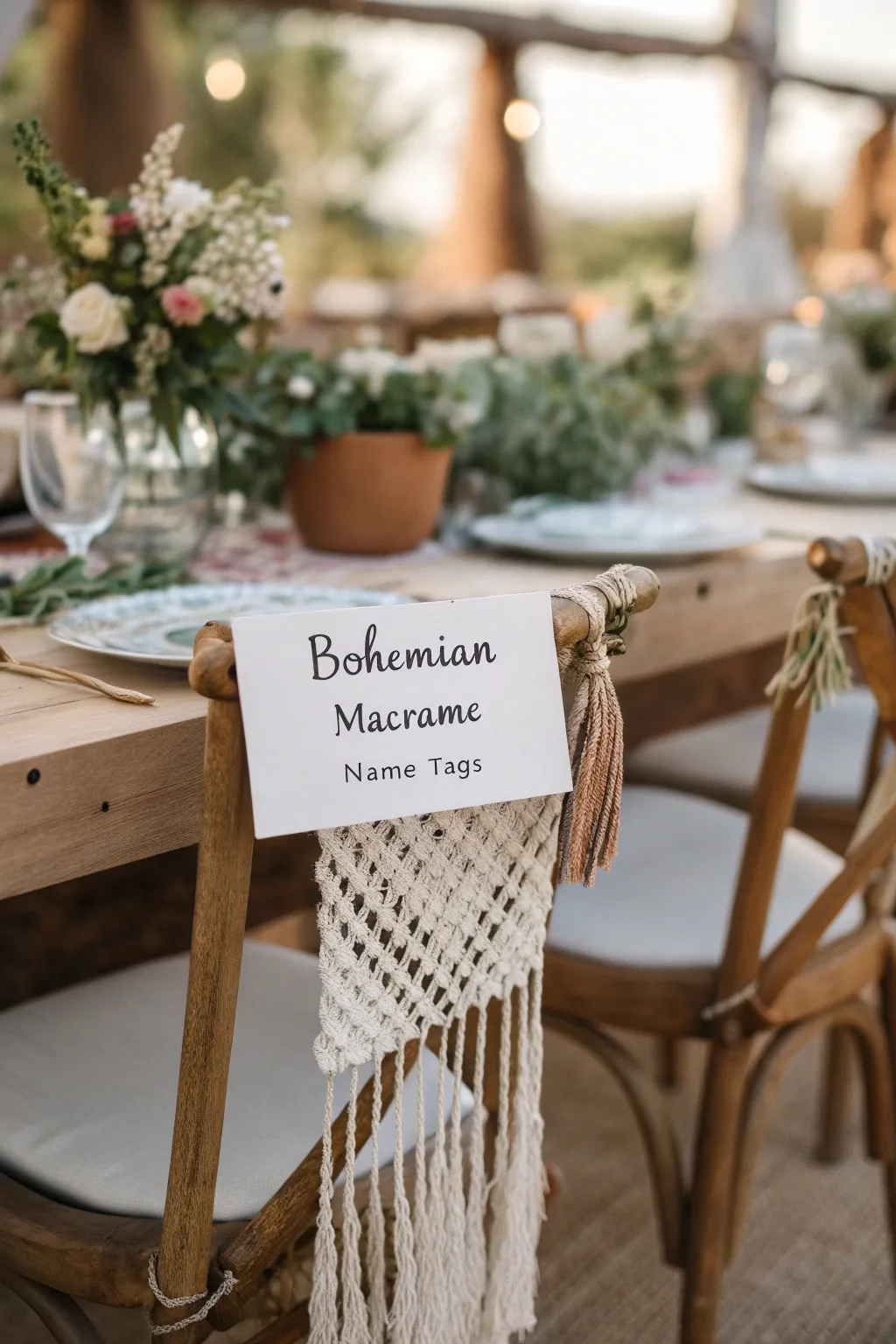Macrame name tags bring a free-spirited touch to weddings.