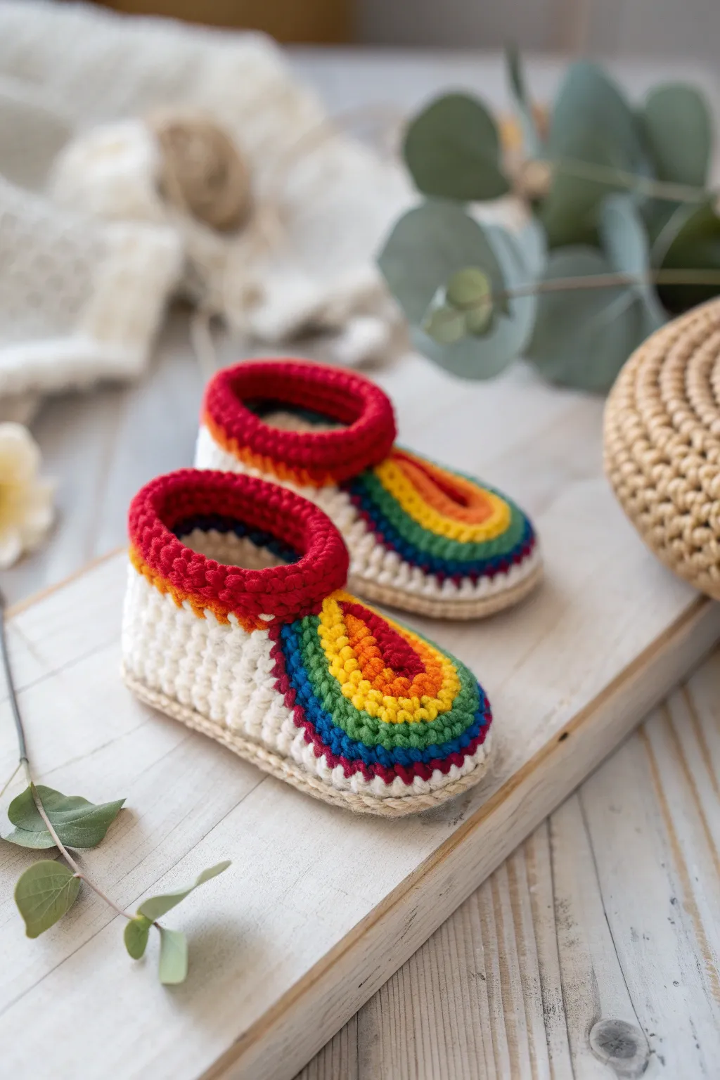 Tiny treasures for tiny feet - these rainbow baby booties bring joy with every step!