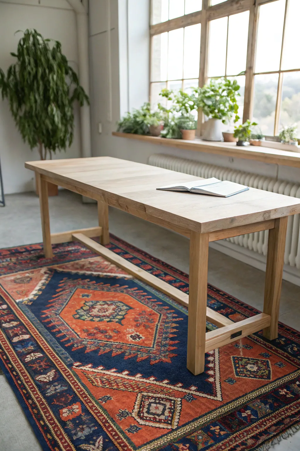 Transform your workspace with a splash of color and charm. Add a Boho-inspired carpet for a touch of elegance and functionality.