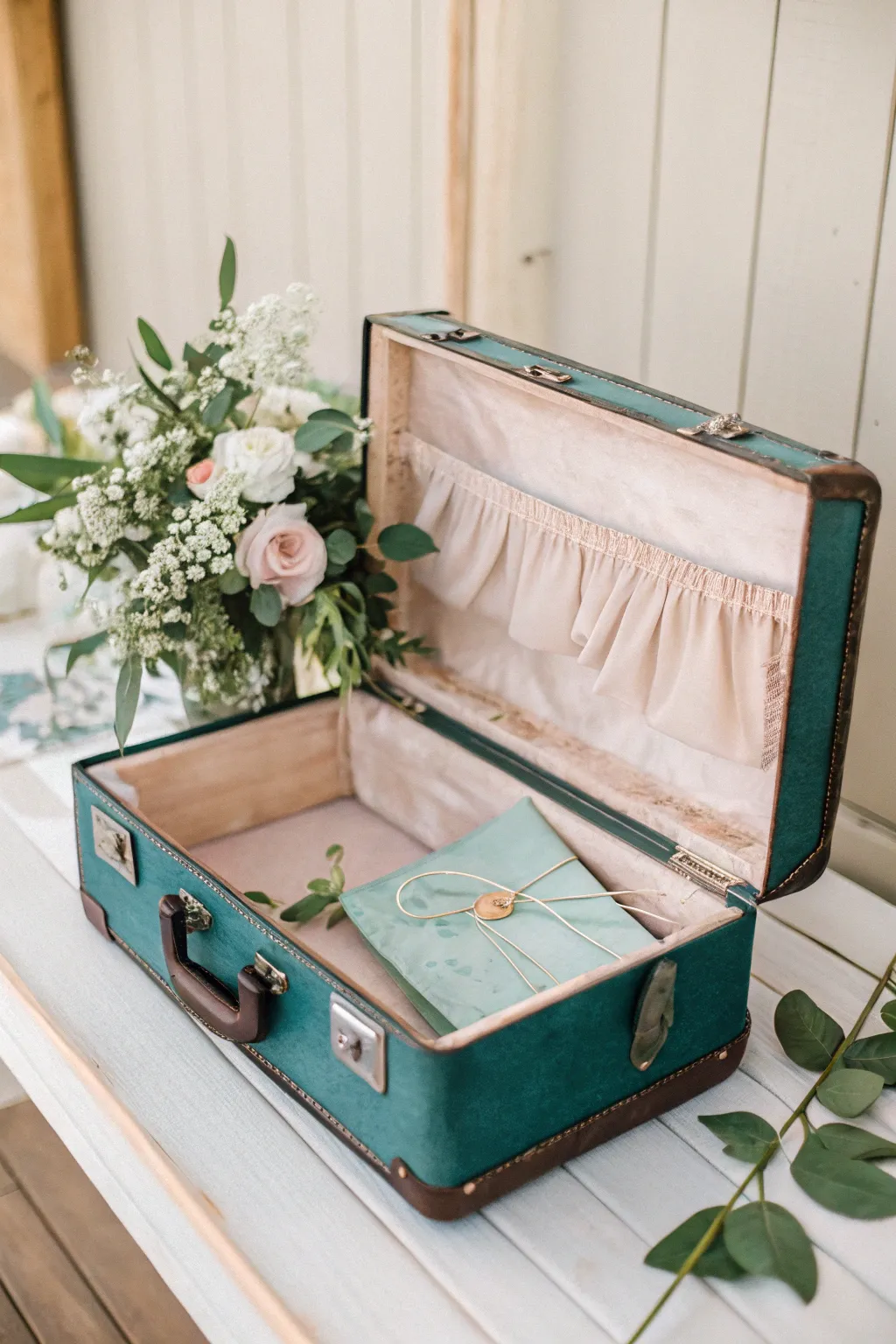Transform timeless charm into your wedding decor with a vintage suitcase card box.