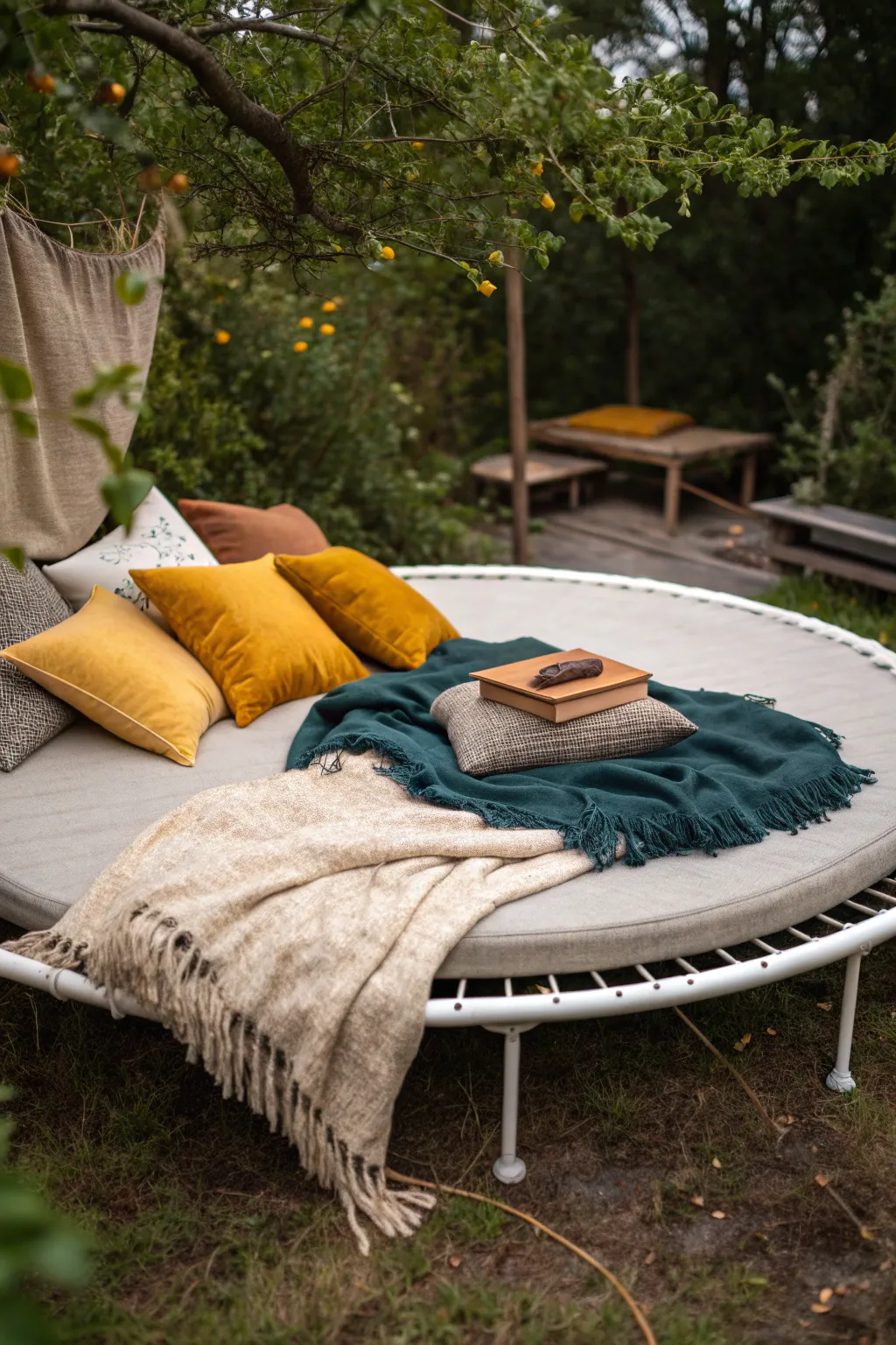 Transform your old trampoline into a charming outdoor bed for dreamy stargazing nights under a Scandinavian sky.