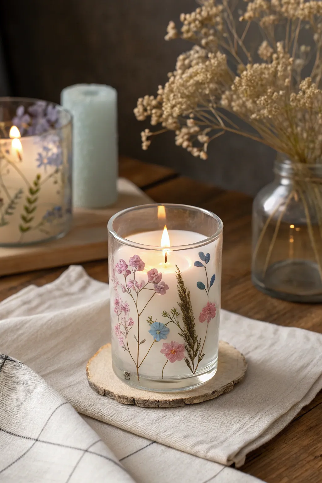 Elevate your space with a touch of nature: a candle holder adorned with pressed flowers for a cozy, bohemian ambiance.