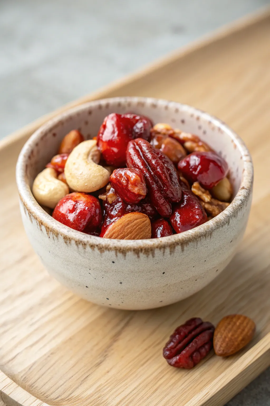 Indulge in the perfect blend of sweet and spicy with these chamoy-glazed nuts, beautifully presented in a handcrafted bowl.