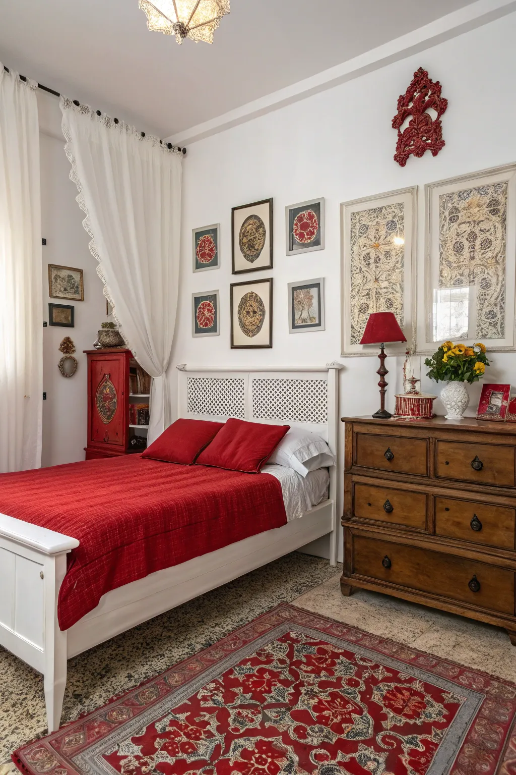 A seamless blend of modern and traditional elements creates a unique bedroom aesthetic.