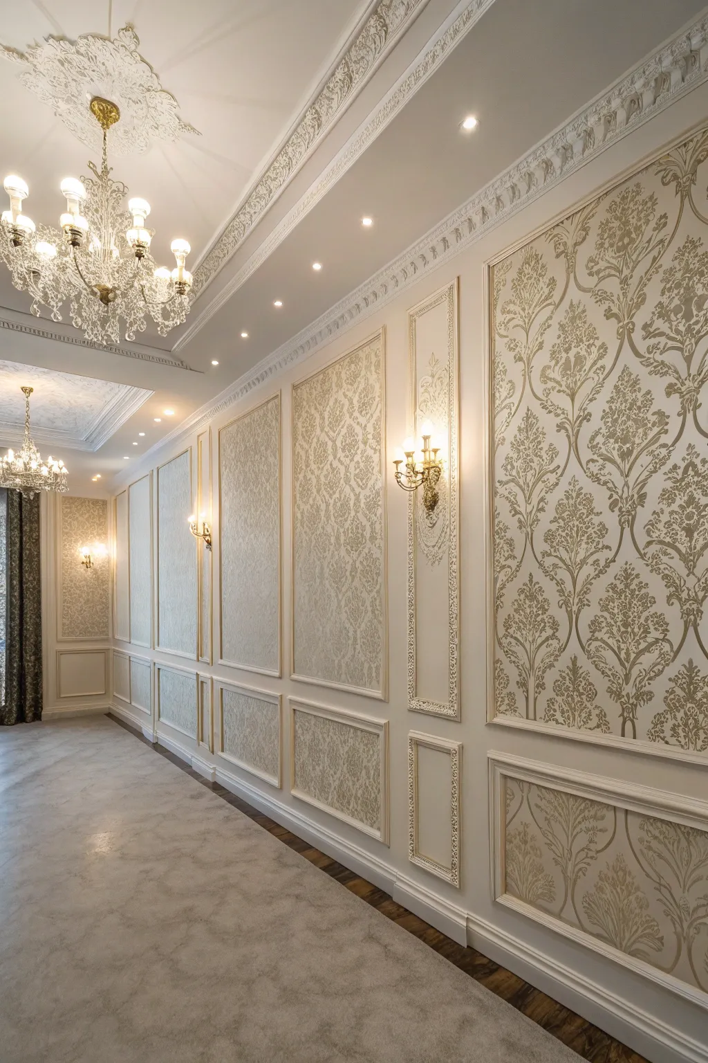 Wallpaper adds texture and personality to white walls.