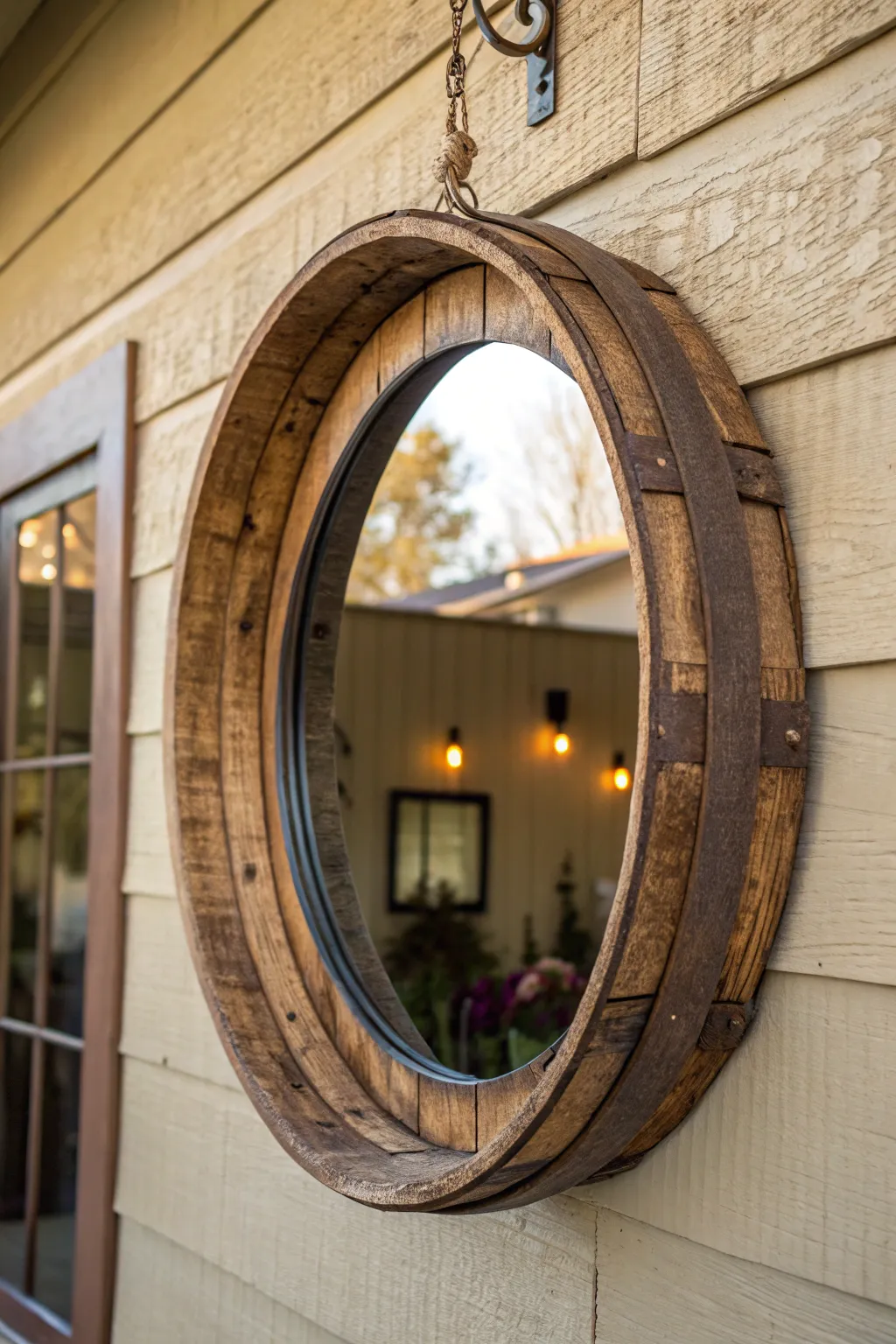 Elevate your entryway with the timeless allure of a wine barrel ring mirror.