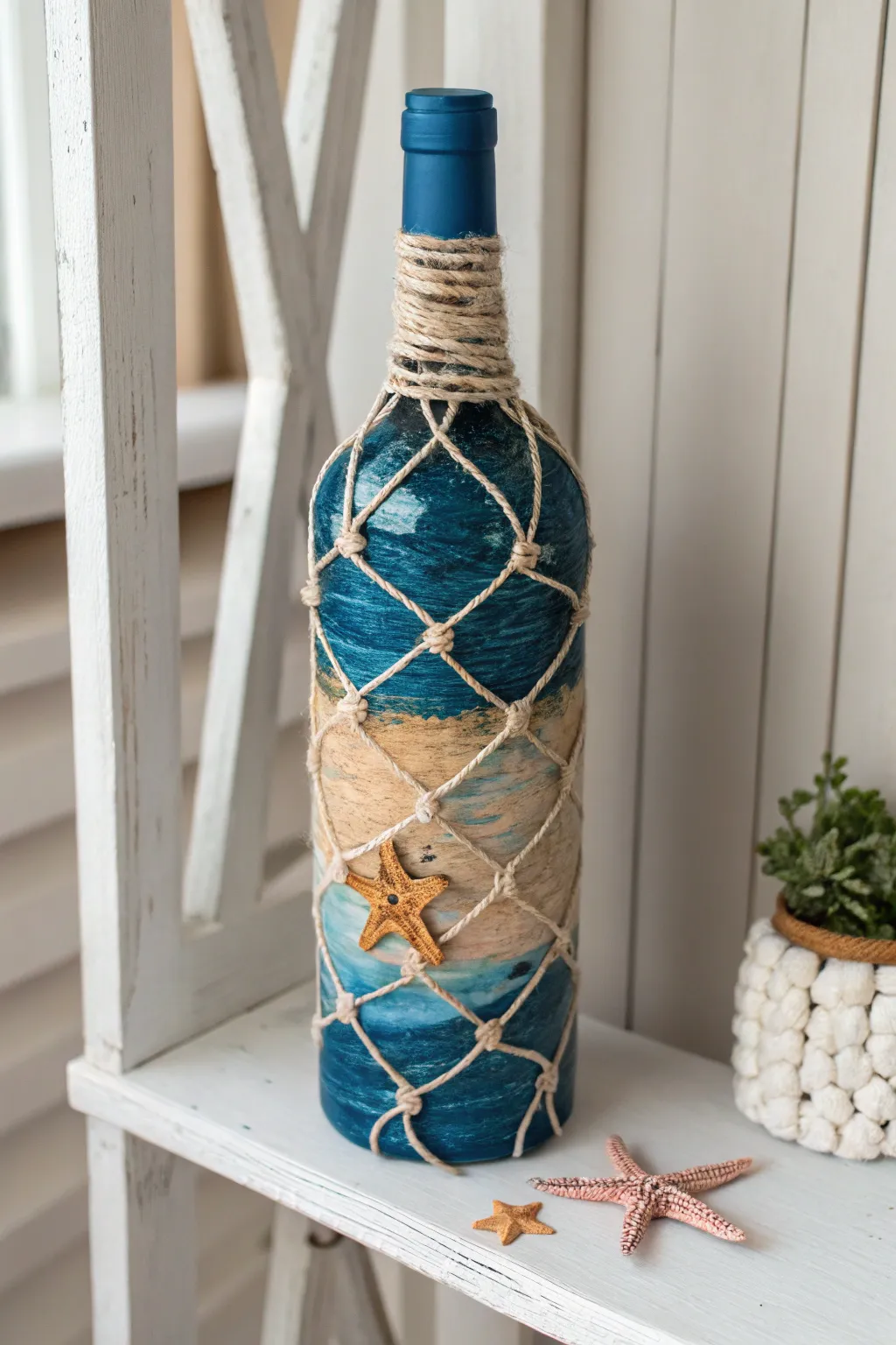 Bring the beach home with this coastal-inspired wine bottle décor. 🌊✨