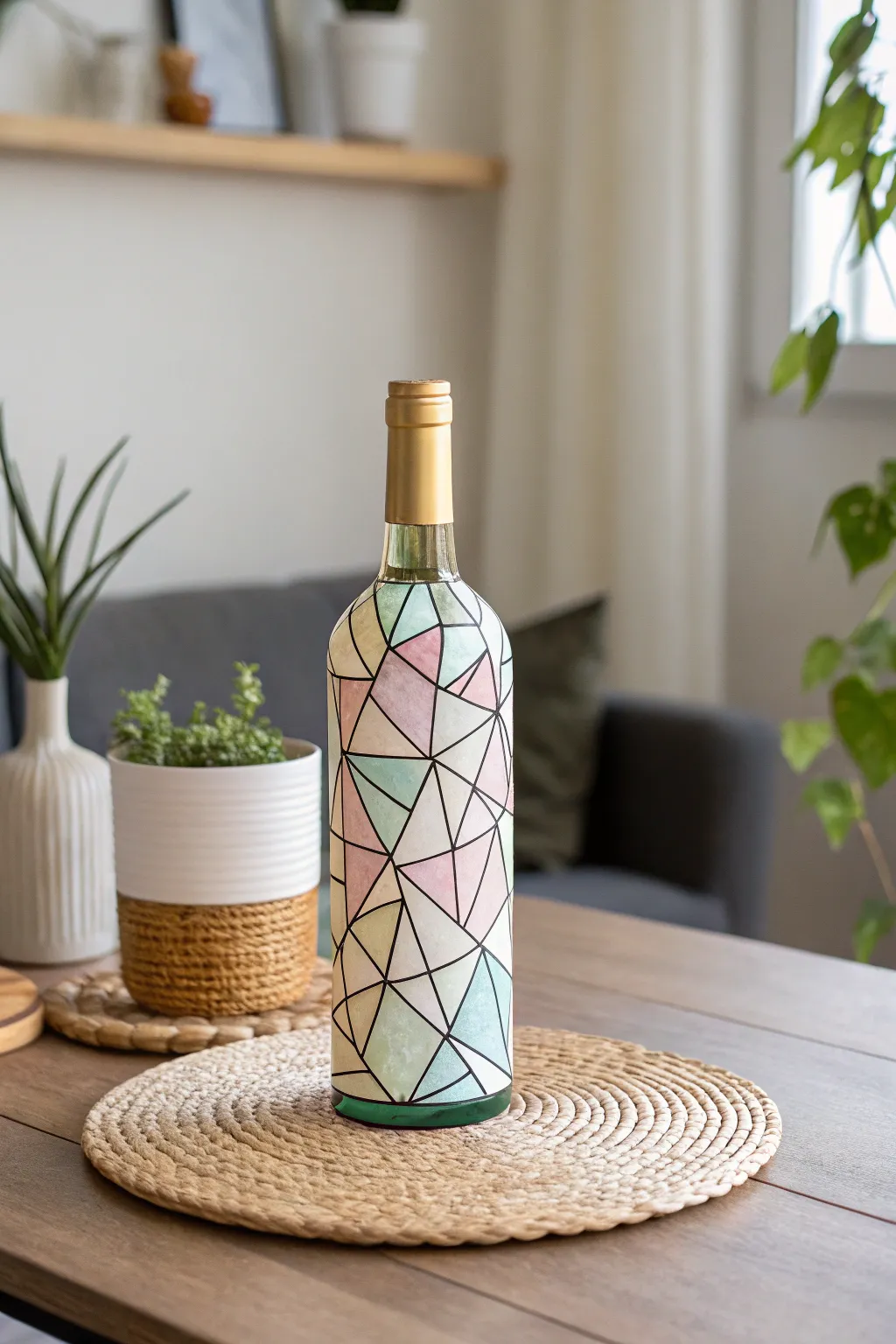 Transform ordinary glass into a kaleidoscope of colors with stained glass-inspired wine bottle art.
