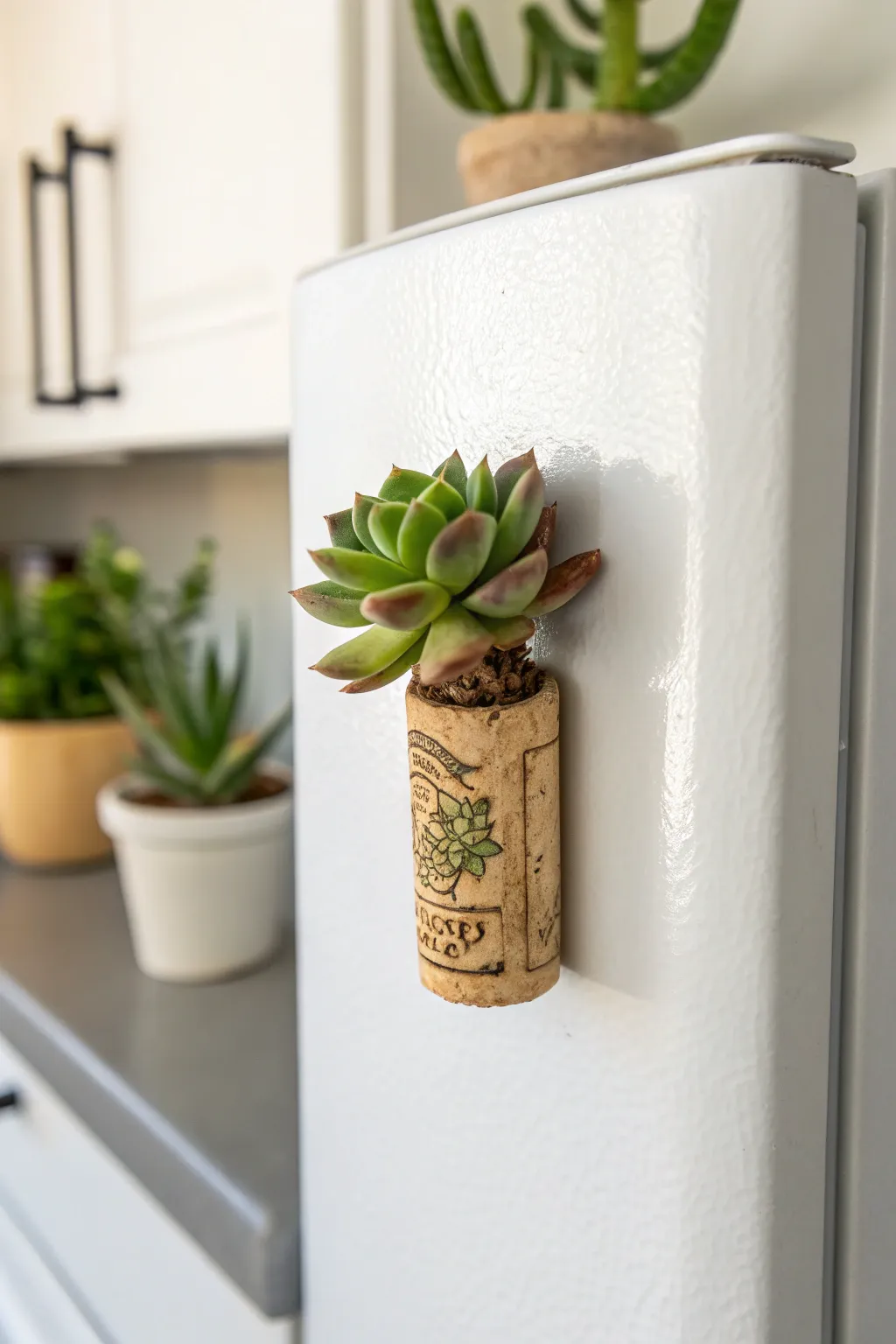 Add a touch of green elegance to your fridge with these charming cork succulent magnets.