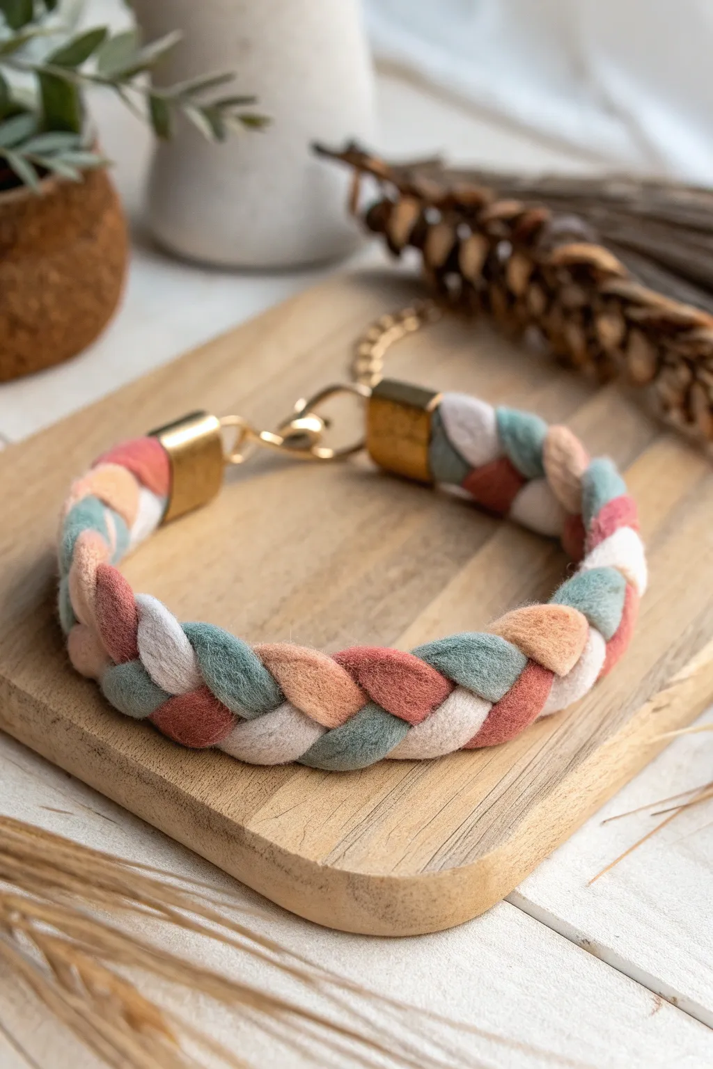 Embrace the warmth of winter with this charming felt and fabric bracelet, where simplicity meets playful elegance.