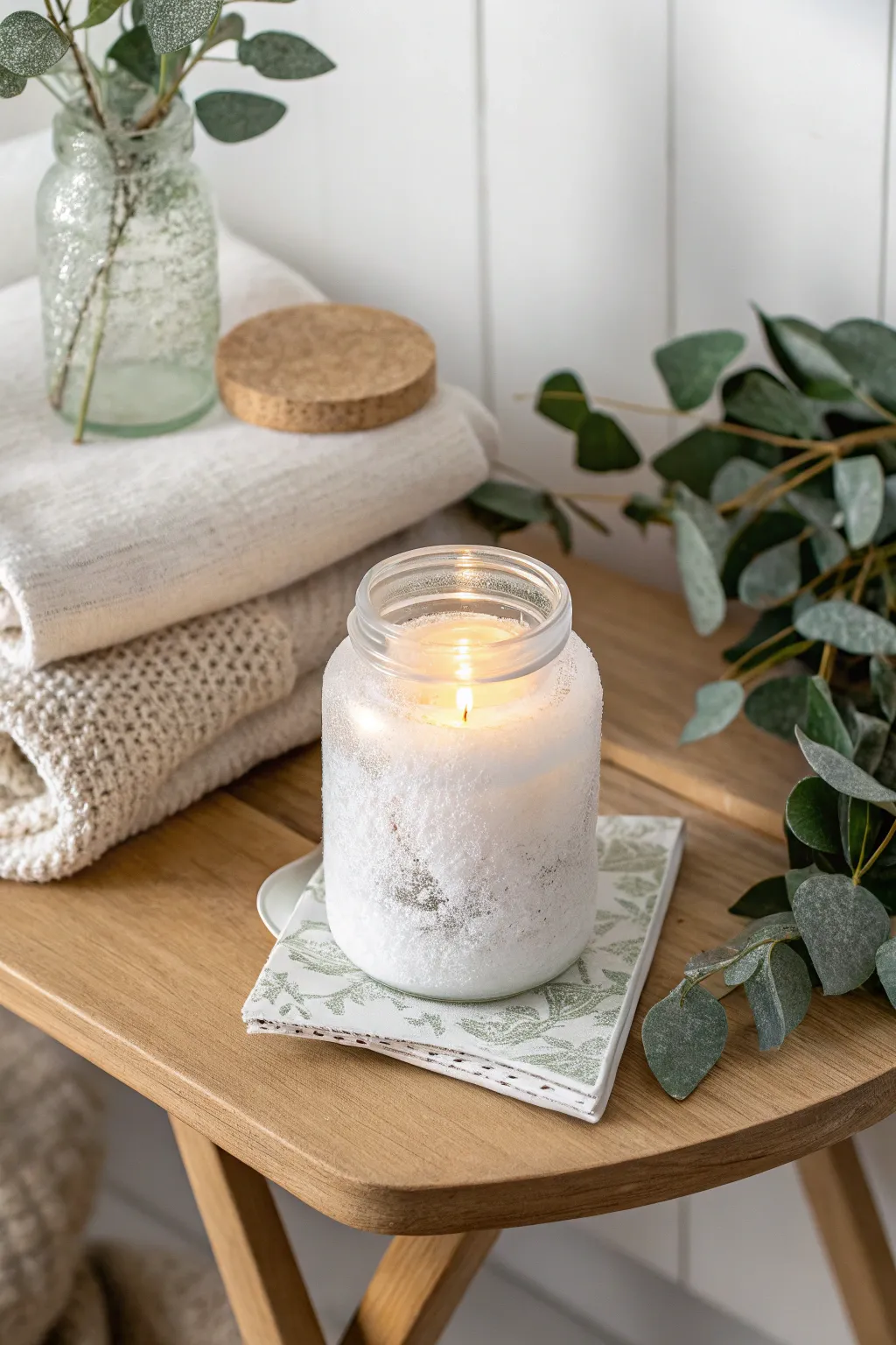 Embrace the serene beauty of winter with this DIY frosted candle holder, perfect for a touch of warm elegance.