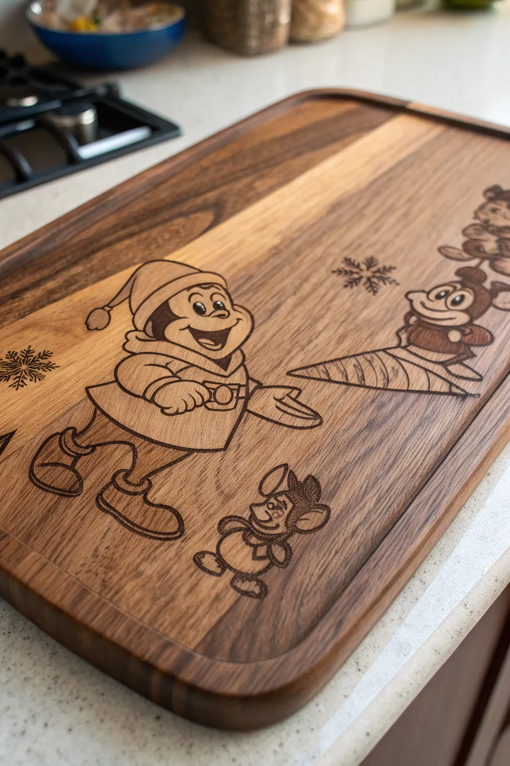 Bring joy to your kitchen with this charming cartoon-themed cutting board, a masterpiece of craftsmanship.