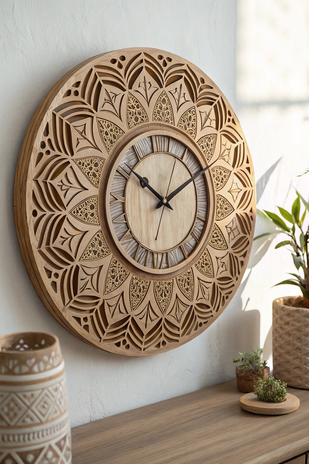 Timeless elegance: Discover the art of intricate wooden clocks that blend functionality with beauty. #WoodCraft #ScandinavianStyle #BohoChic