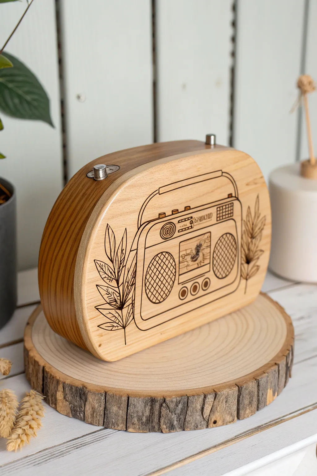 Embrace nostalgia with this charming retro radio drawing on wood, a perfect blend of vintage flair and minimalist elegance.
