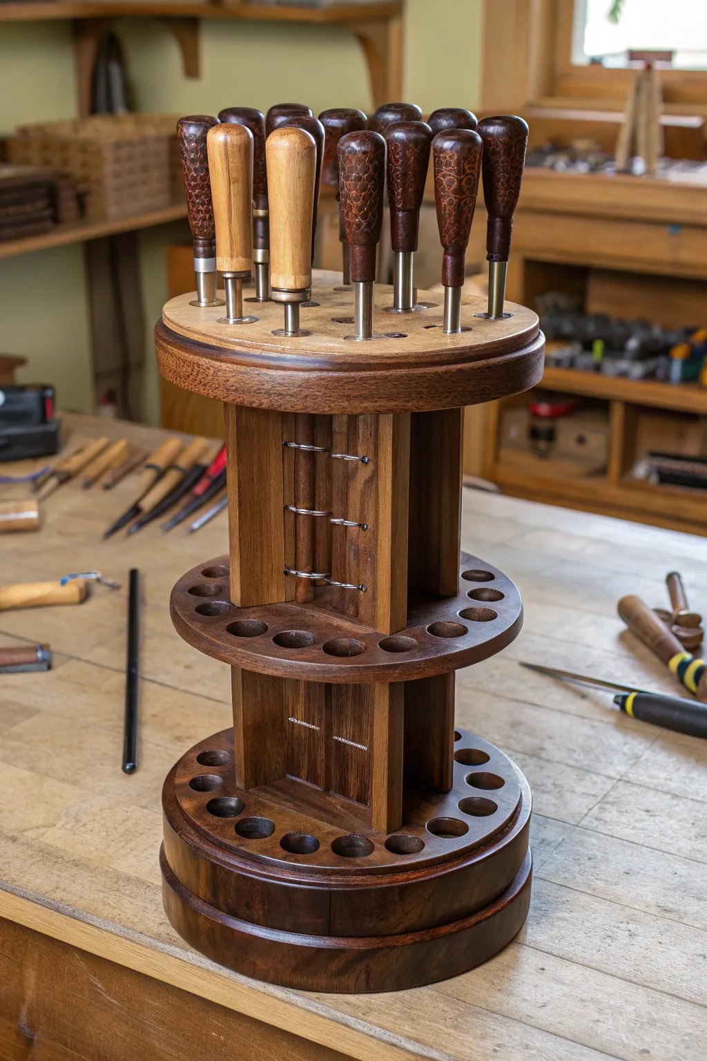 Elevate Your Workshop: Discover the elegance and functionality of a handcrafted rotating tool carousel.