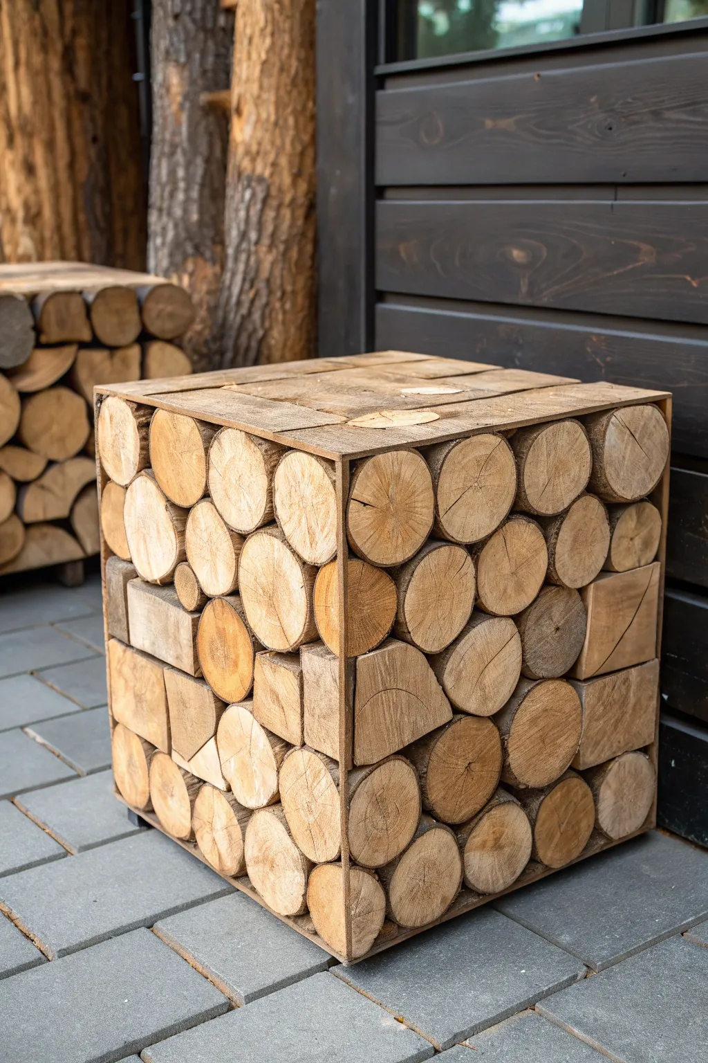 Crafted Precision: Embrace the Art of Symmetrical Log Cubes for a Striking Wood Pile Design.