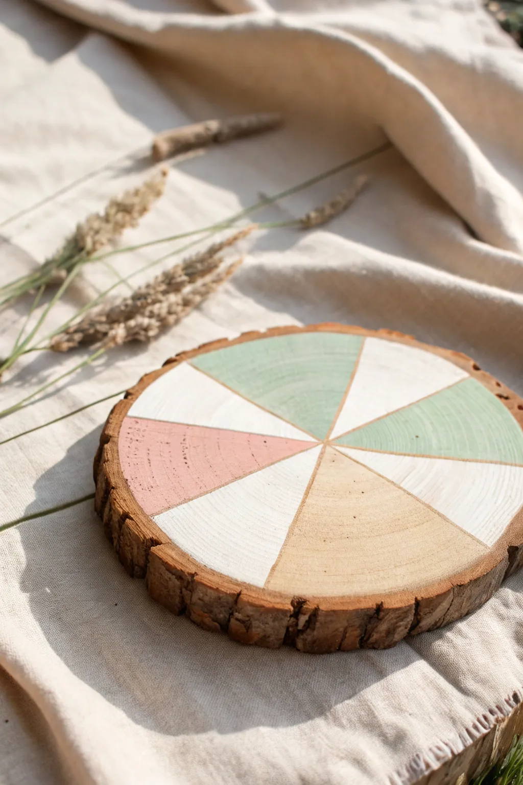 Elevate your space with the simplicity and charm of geometric wood slice art. 🎨✨ #ScandiBoho #MinimalistDecor