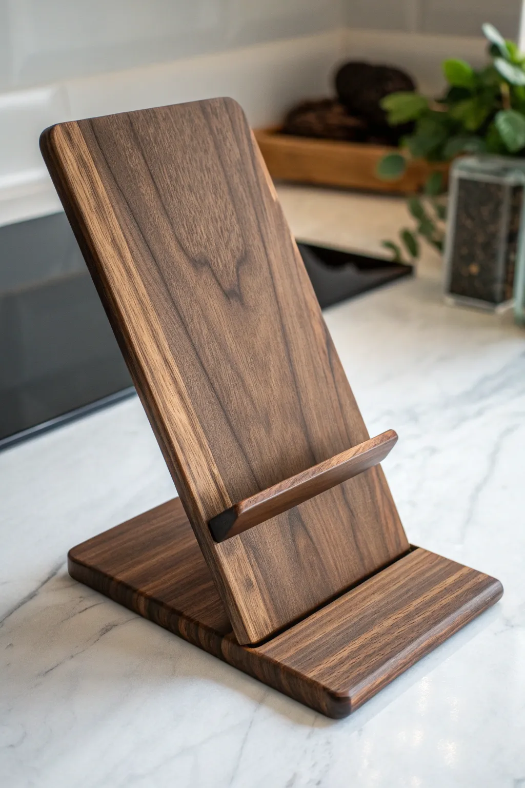 Elevate your kitchen experience with this exquisite wooden tablet stand, a perfect blend of functionality and craftsmanship.