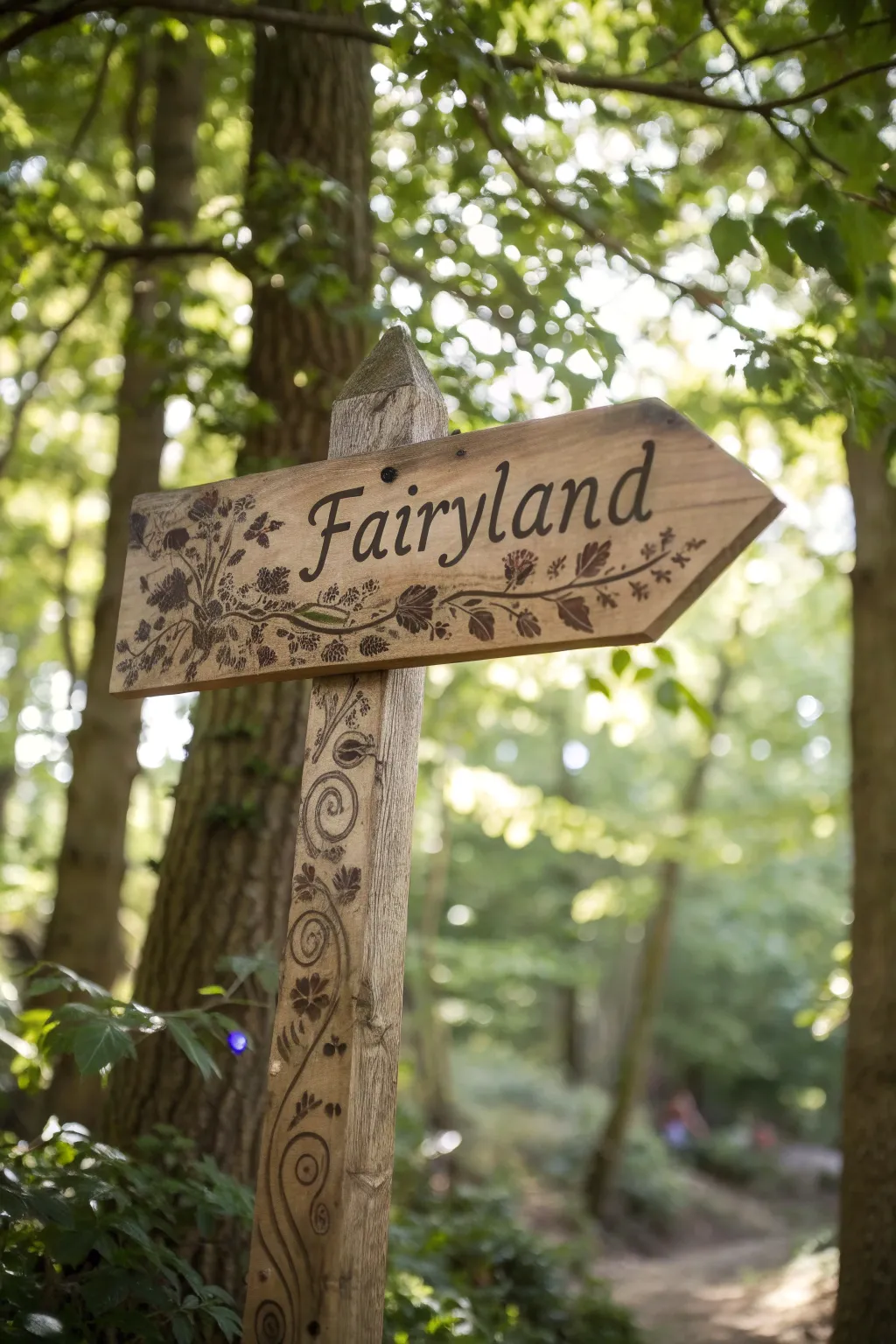 Step into a fairytale with this enchanting wooden arrow sign, guiding you to 'Fairyland'.