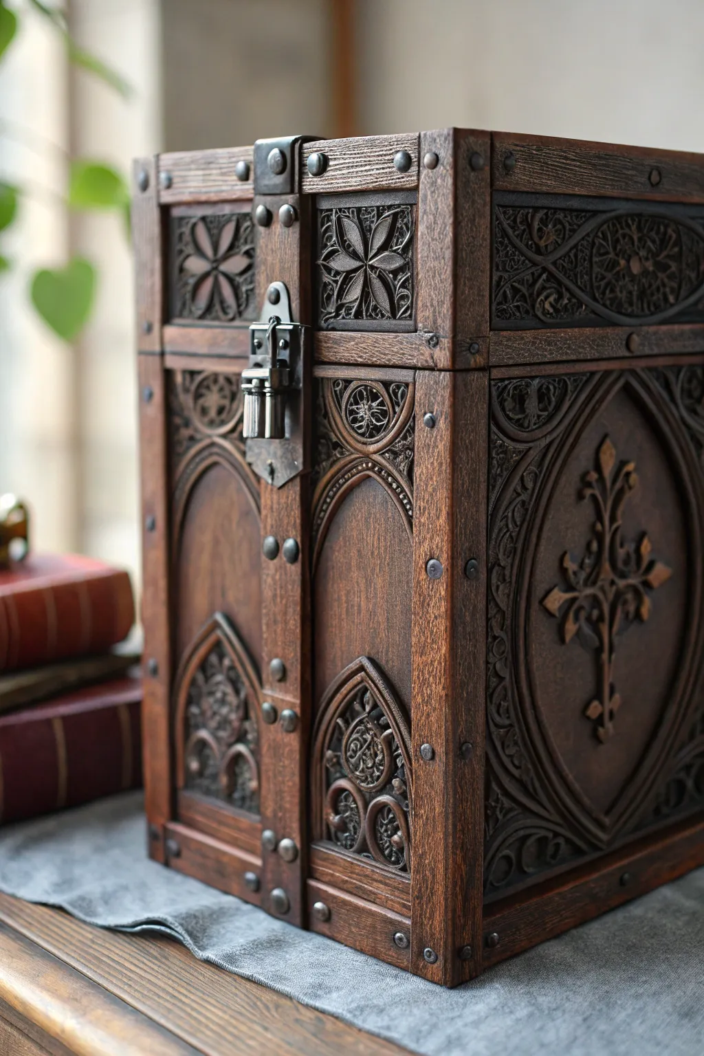 Unlock the mystery: A handcrafted Gothic wooden book box that adds a touch of drama and elegance to your space.