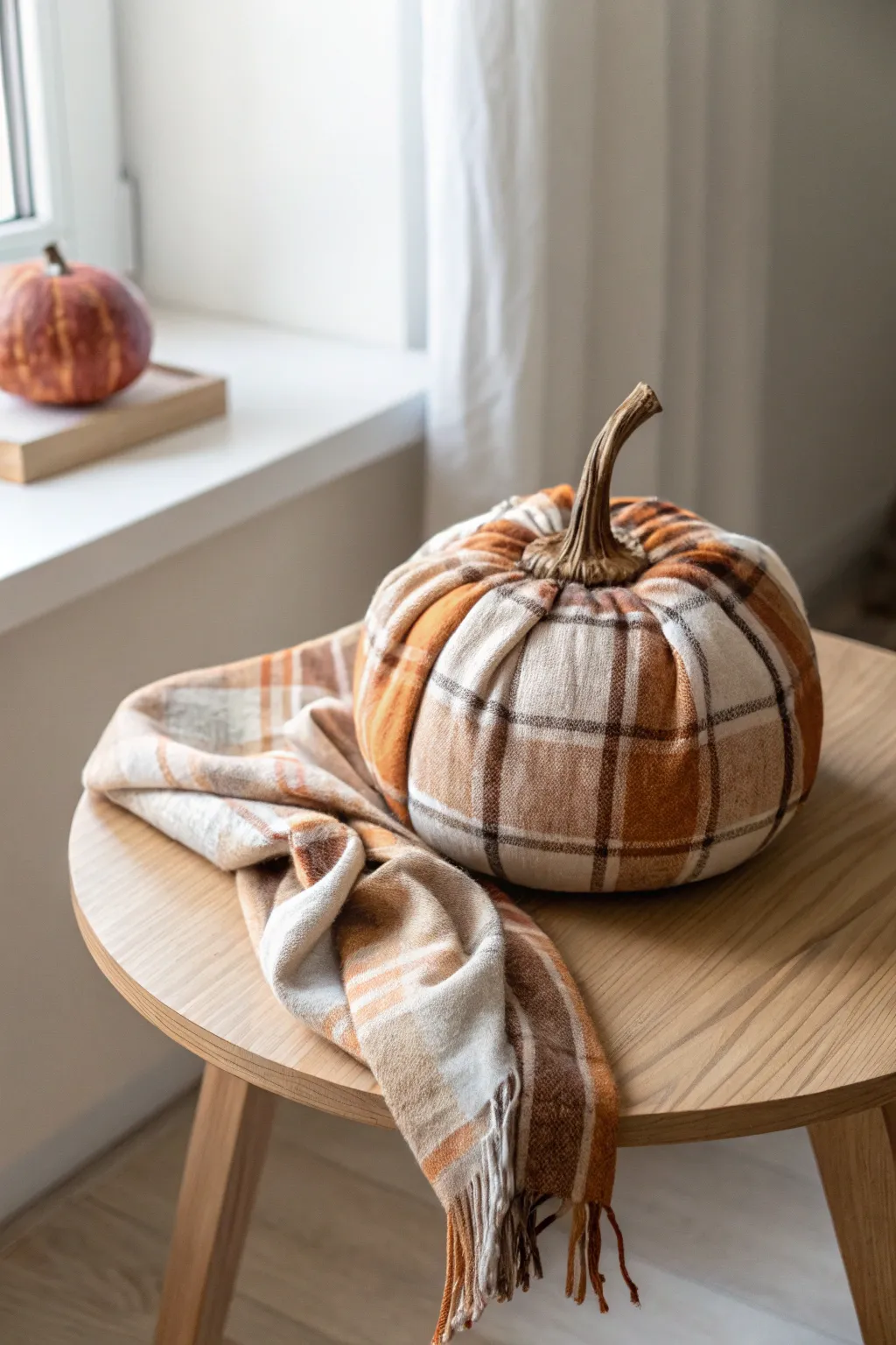 Transform your autumn decor with a cozy, fabric-covered wooden pumpkin that embodies minimalist elegance and natural beauty.