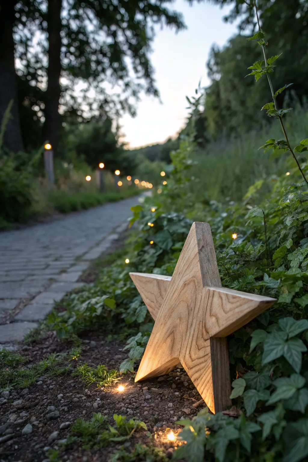 Guide your guests with the warm glow of wooden stars, leading the way through nature's embrace.