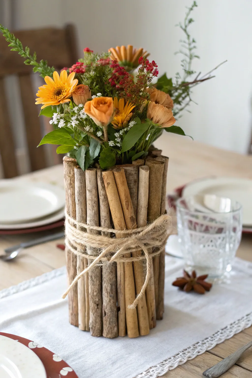 Elevate your dining experience with this rustic wooden stick centerpiece, where simplicity meets seasonal elegance.