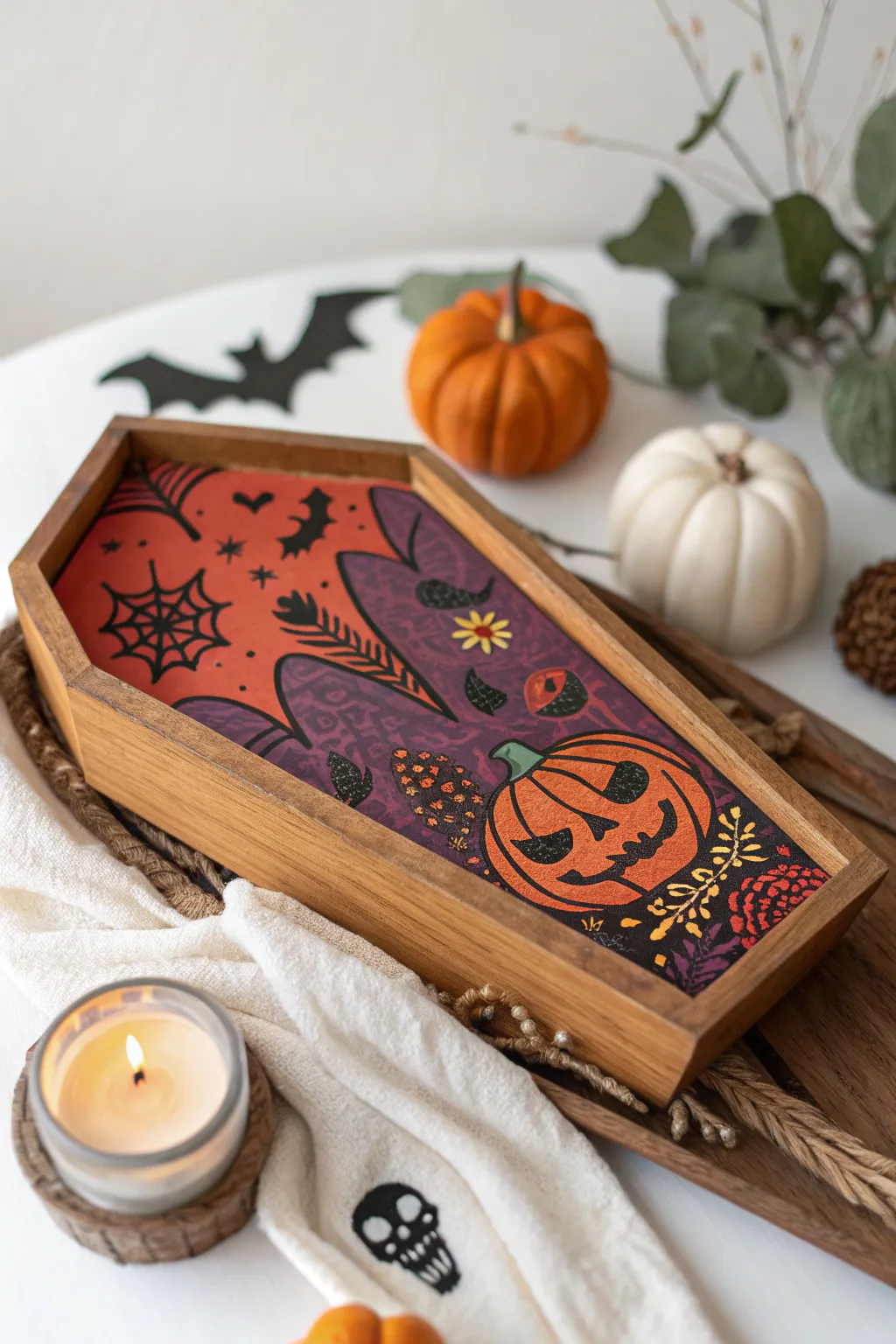 Embrace the spooky season with this charming Halloween-themed wooden tray, a perfect blend of minimalist aesthetics and playful boho charm.
