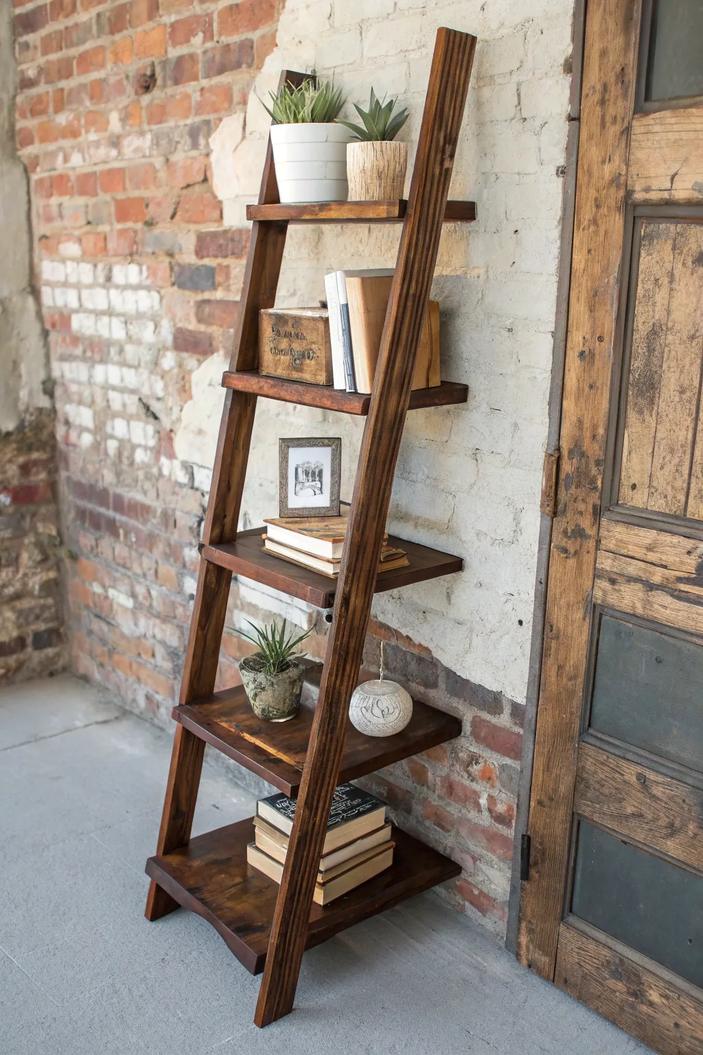 Elevate your space with a handcrafted ladder shelf, where rustic charm meets modern design.