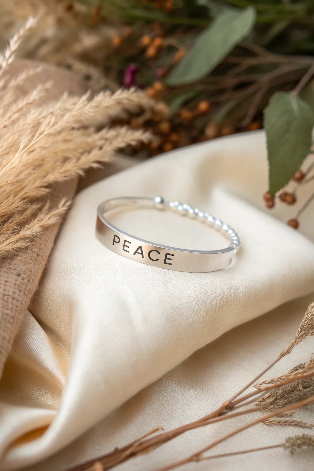 Embrace serenity with this elegant 'PEACE' bracelet, a perfect blend of minimalist style and calming beauty.