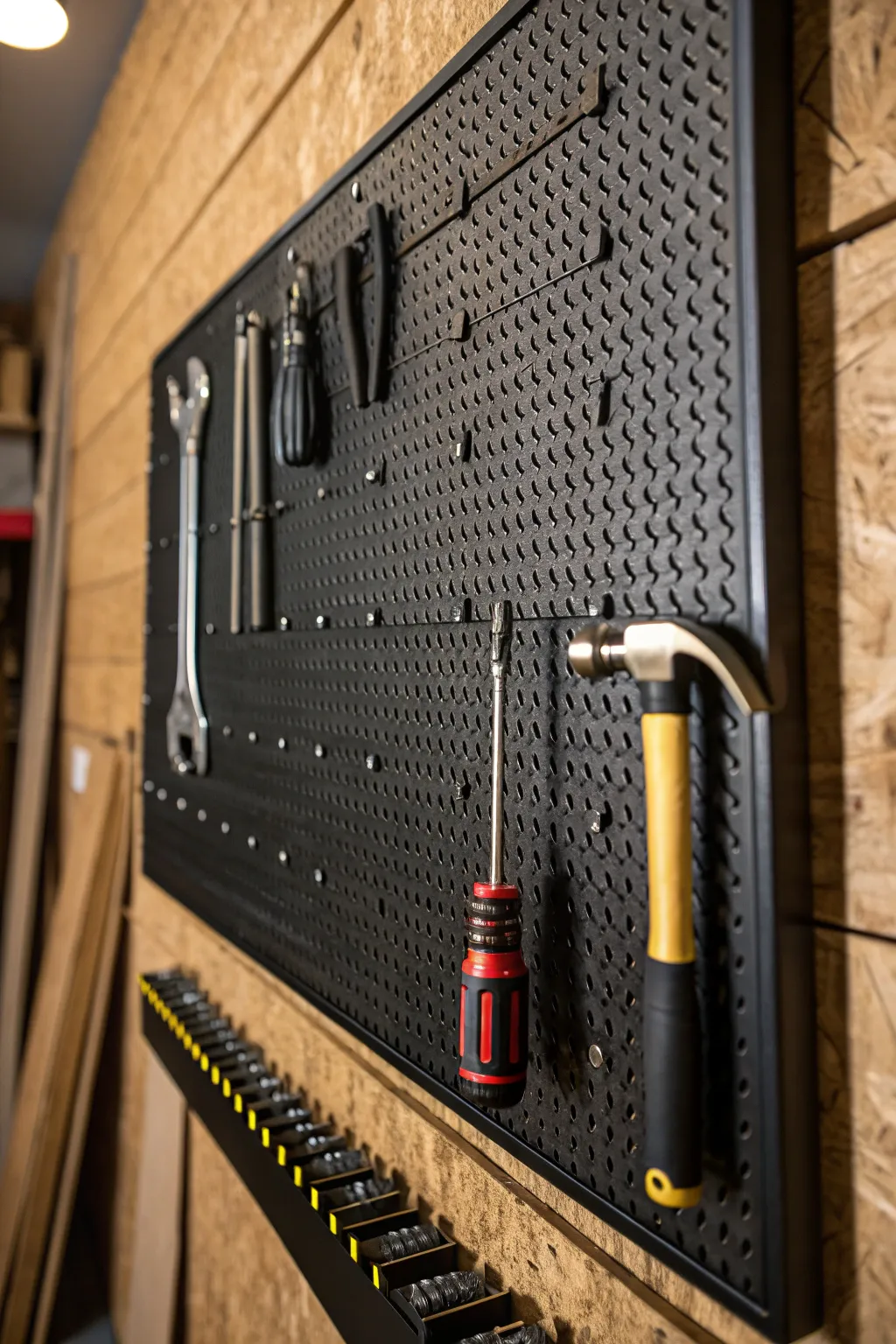 Elevate your workshop with industrial elegance: Metal grid panels for versatile tool storage.