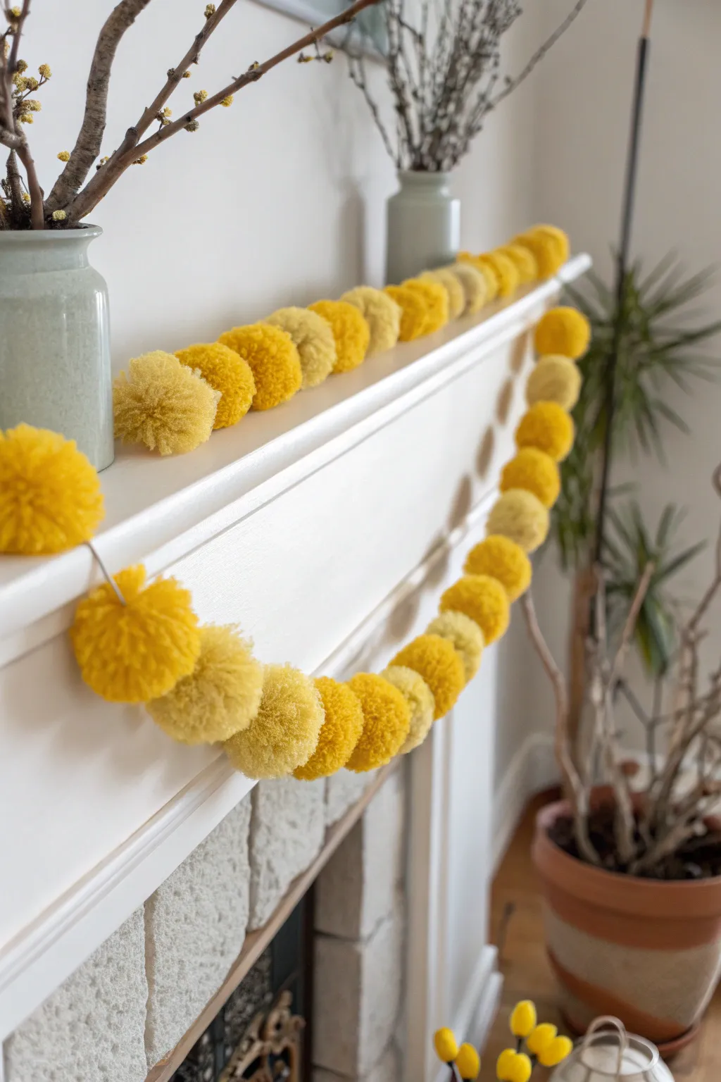 Brighten up your space with a cheerful yellow pom-pom garland, the perfect blend of simplicity and bold color.