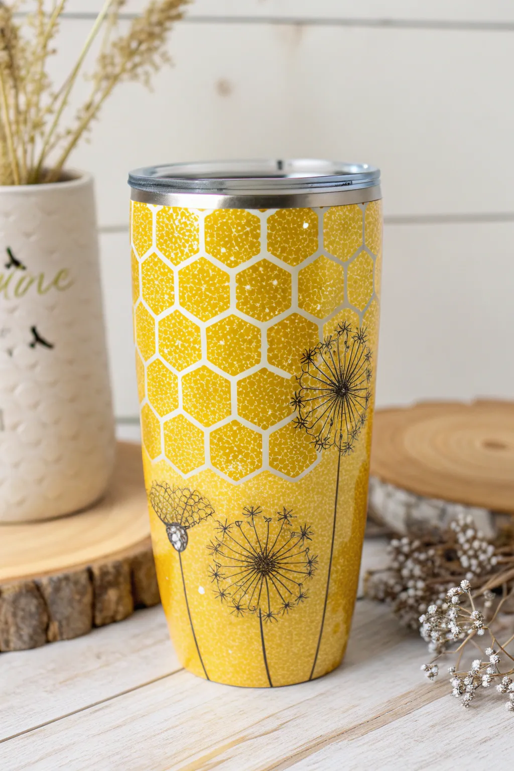 Transform your tumbler into a nature-inspired masterpiece with the enchanting beauty of yellow glitter.