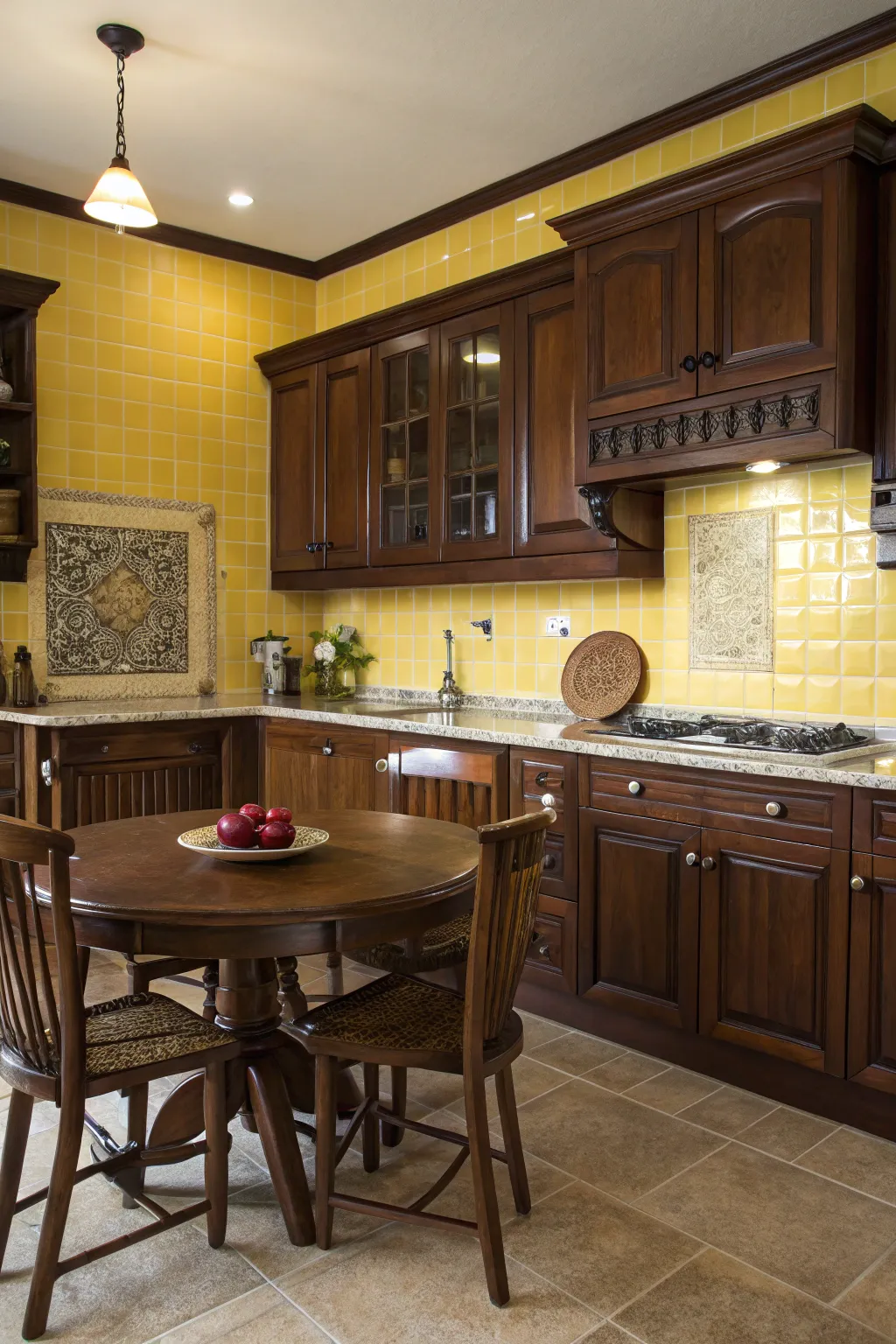 Dark woods and yellow tiles combine to create a cozy and inviting kitchen.