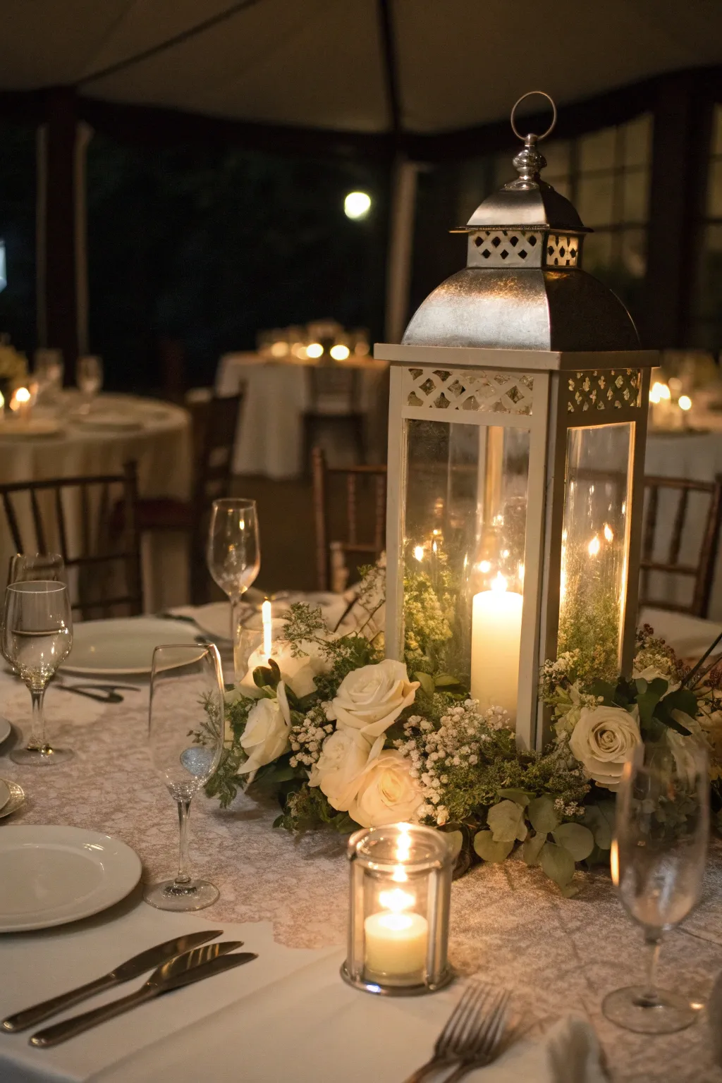 A lantern-lit centerpiece that enhances the evening ambiance with its soft glow.