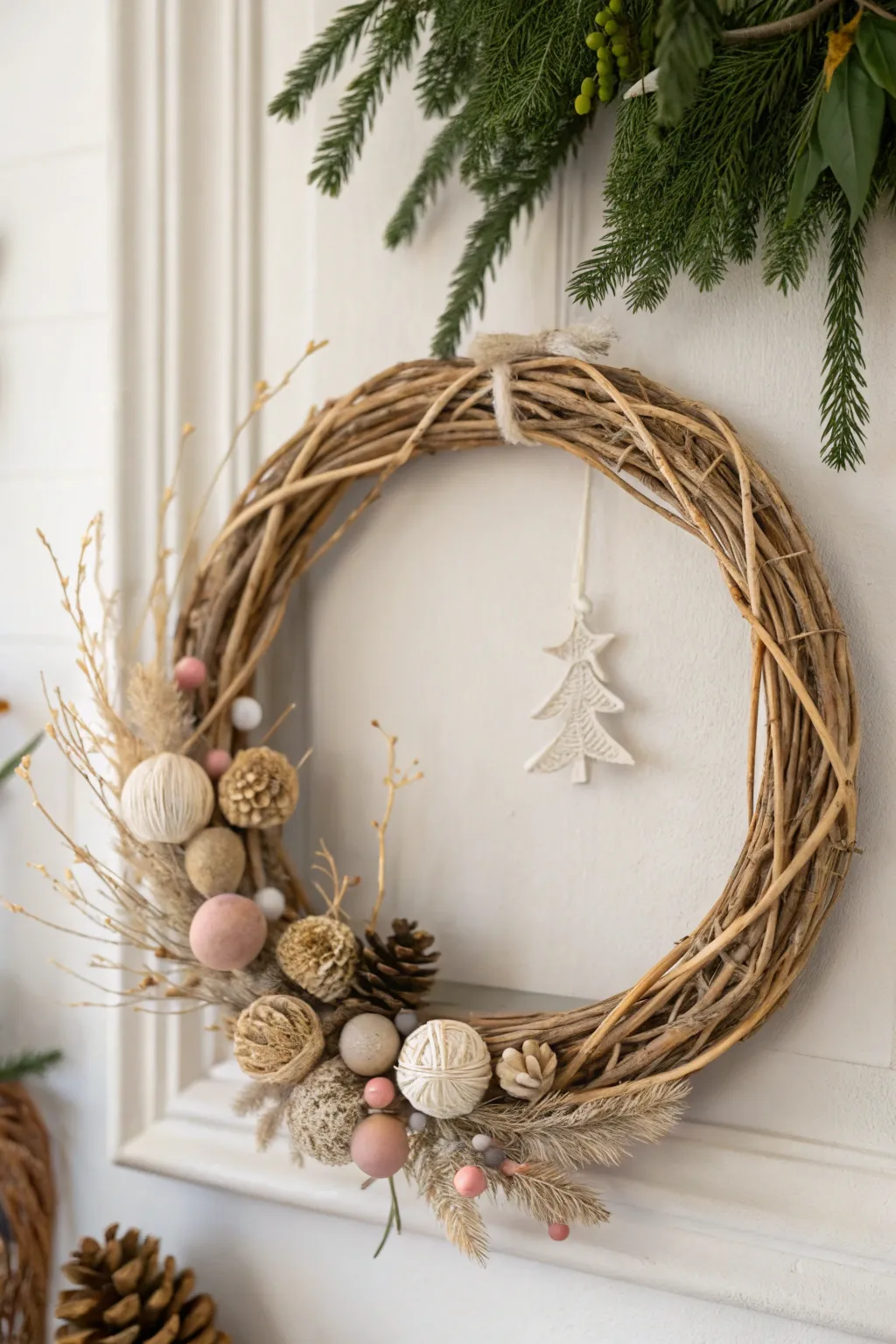 Embrace the season with a touch of minimalist elegance: a handcrafted holiday wreath that captures the essence of Scandinavian and Boho design.