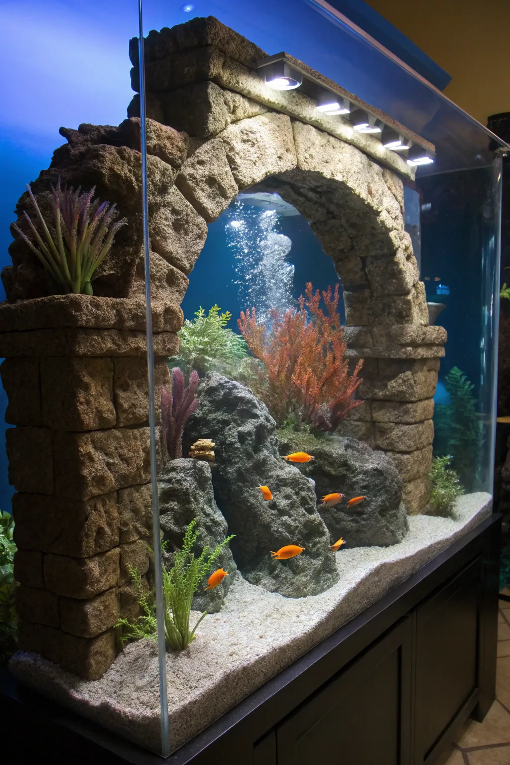 Dive into a world of wonder with this masterfully crafted aquatic playground. A true testament to the art of aquarium design.