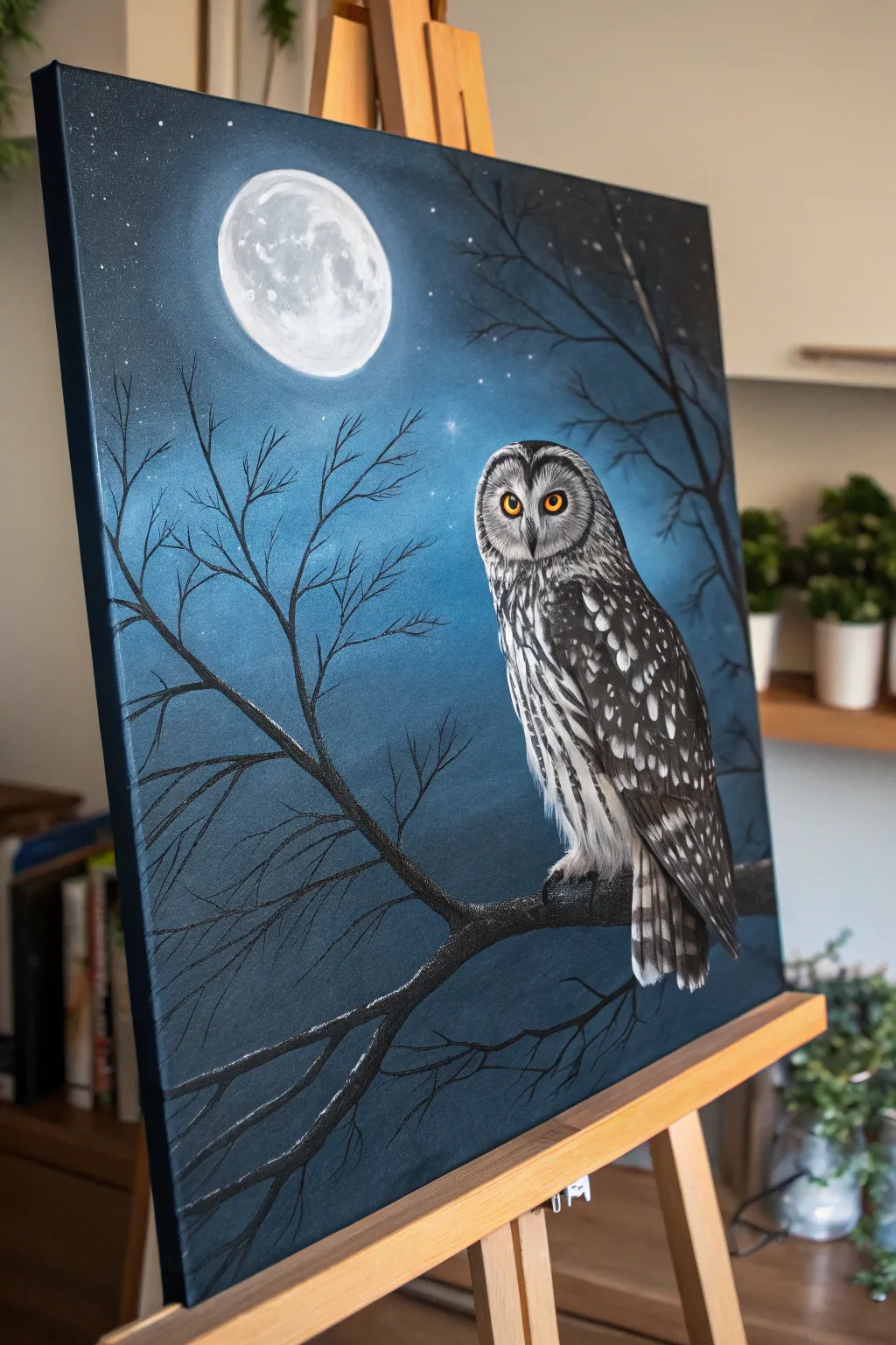 Embrace the mystery of the night with this enchanting owl painting, a perfect blend of simplicity and elegance.
