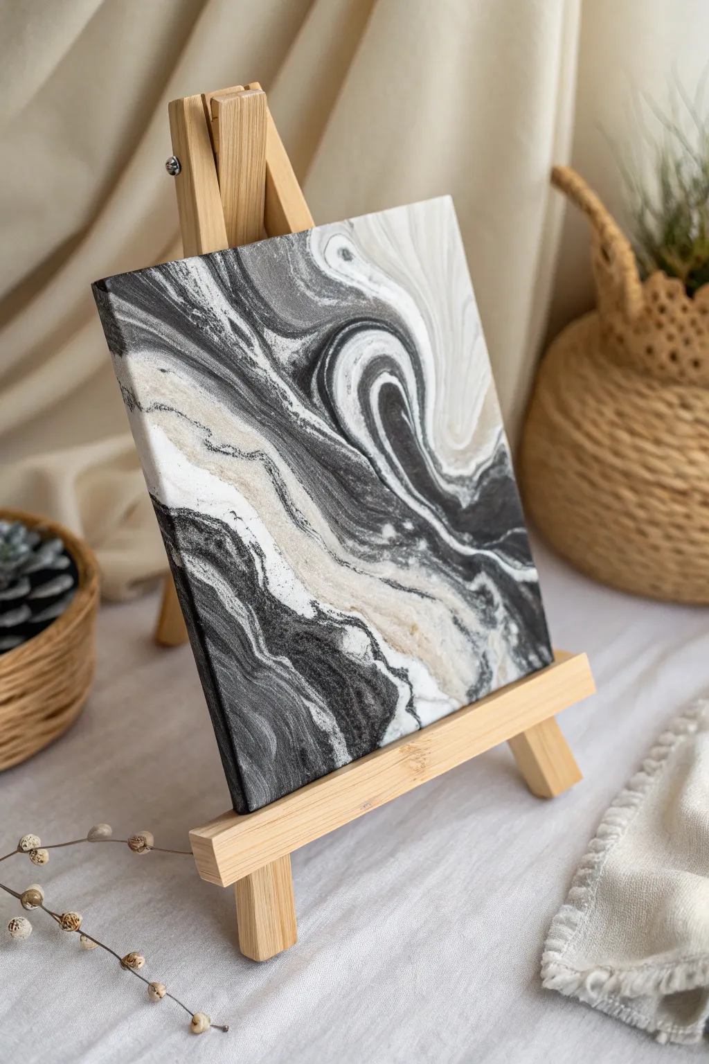 Embrace the elegance of marble with this stunning acrylic pour masterpiece.