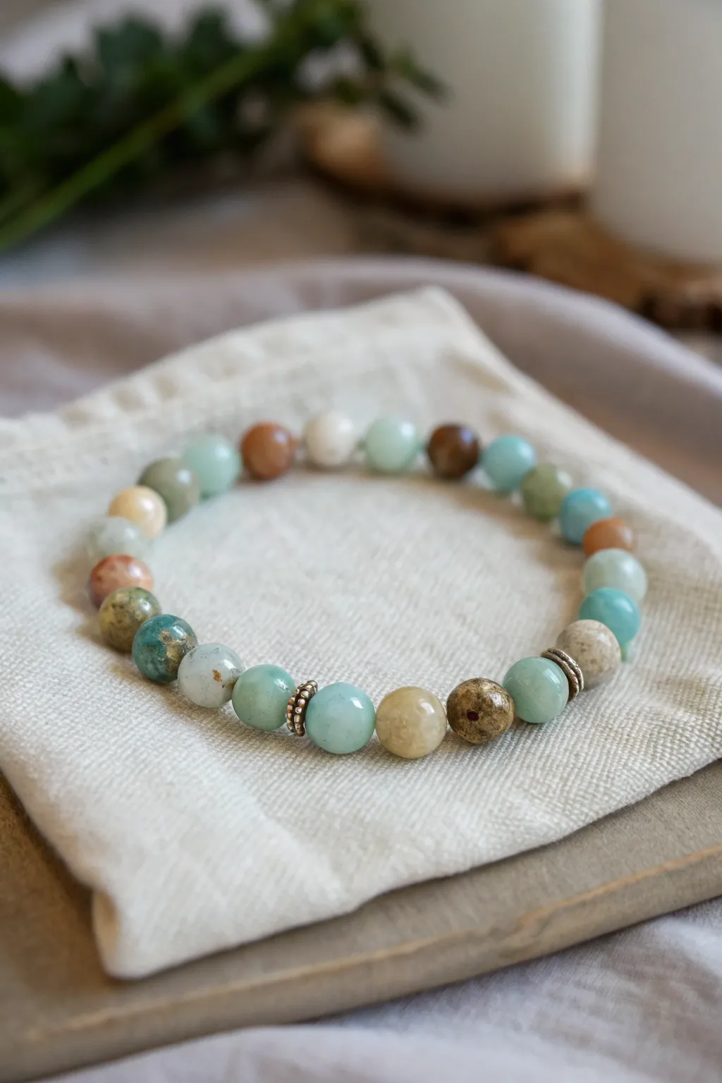 Discover beauty in sustainability with this eco-friendly upcycled bead bracelet.