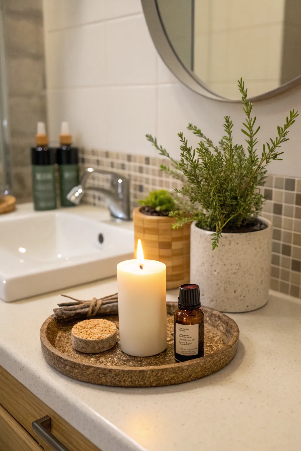 A bathroom altar transforms daily routines into moments of serenity.